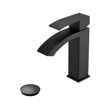 Waterfall Spout Bathroom Sink Single Handle Faucet With Pop Up Drain With Overflow Matte Black Stainless Steel