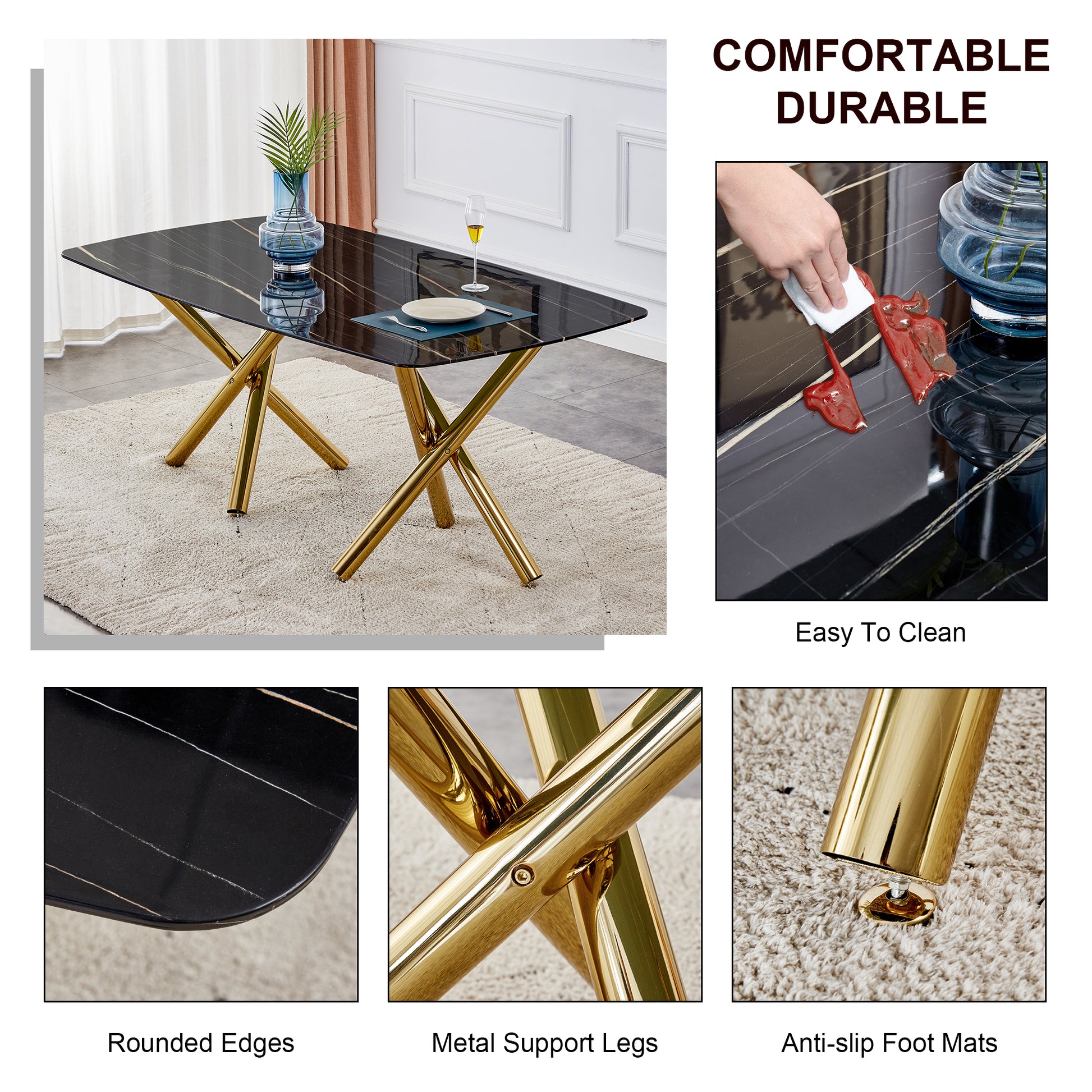 Large Modern Minimalist Rectangular Dining Table With 0.39 "Imitation Marble Black Desktop And Gold Metal Legs, Paired With 6 Chairs With Pu Cushions And Black Metal Legs.F 1538 C 007 Black Gold Glass Metal