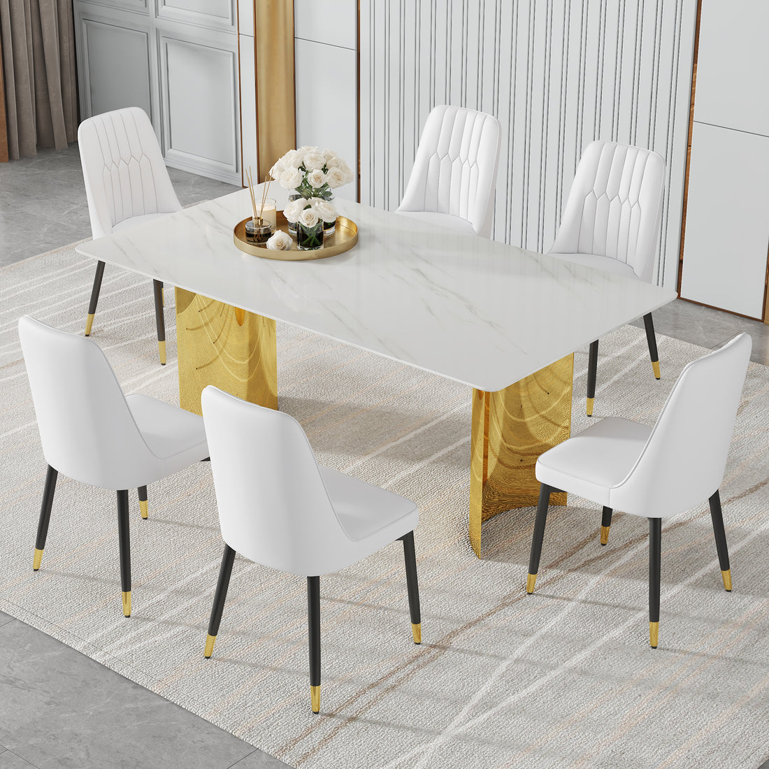 Table And Chair Set.The Table Has A Glass Top With Imitation Marble Pattern Stickers And Stainless Steel Golden Legs. Paried With Chairs With Pu Artificial Leather Backrest Cushions And Black Legs. White Gold Seats 6 Glass Metal