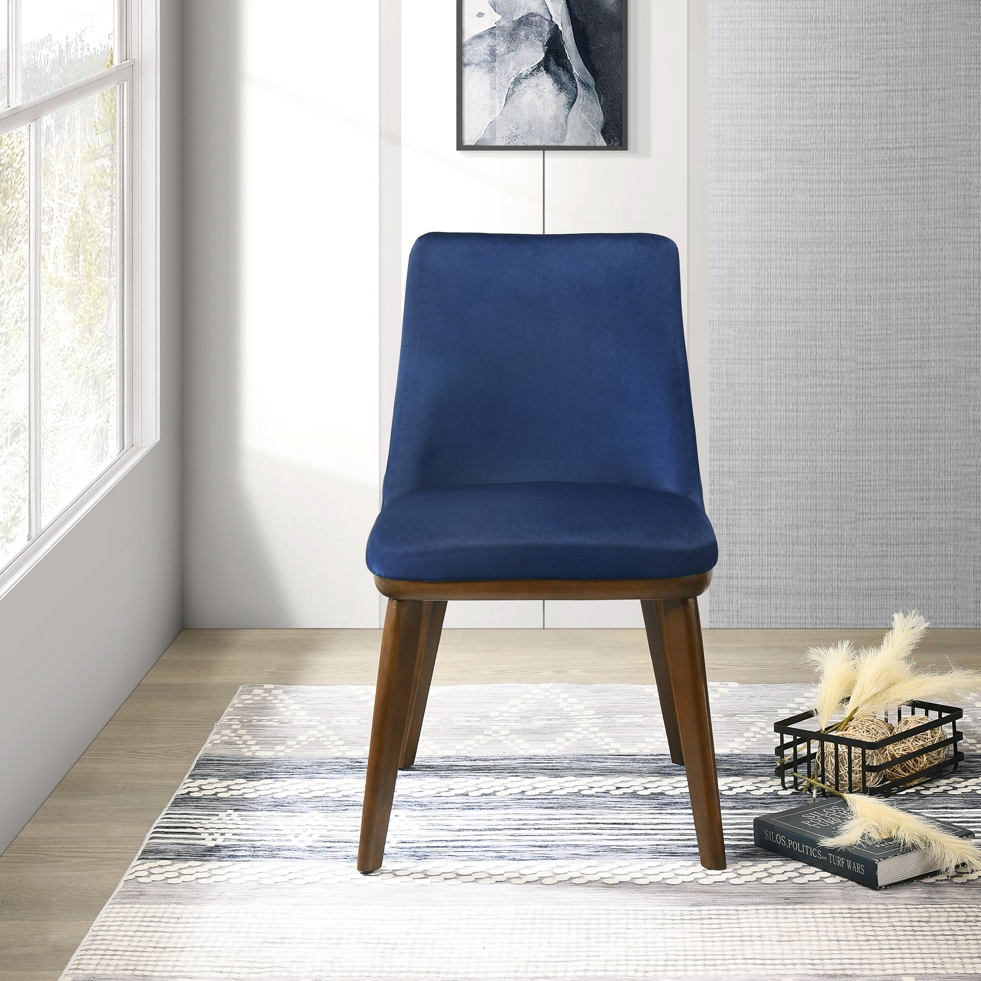 C Navy Blue Velvet Dining Chair Set Of 2 Solid Brown,Navy Blue Brown Dining Room Foam Wipe Clean Mid Century Modern Dining Chairs Solid Back Set Of 2 Foam Solid Wood,Velvet