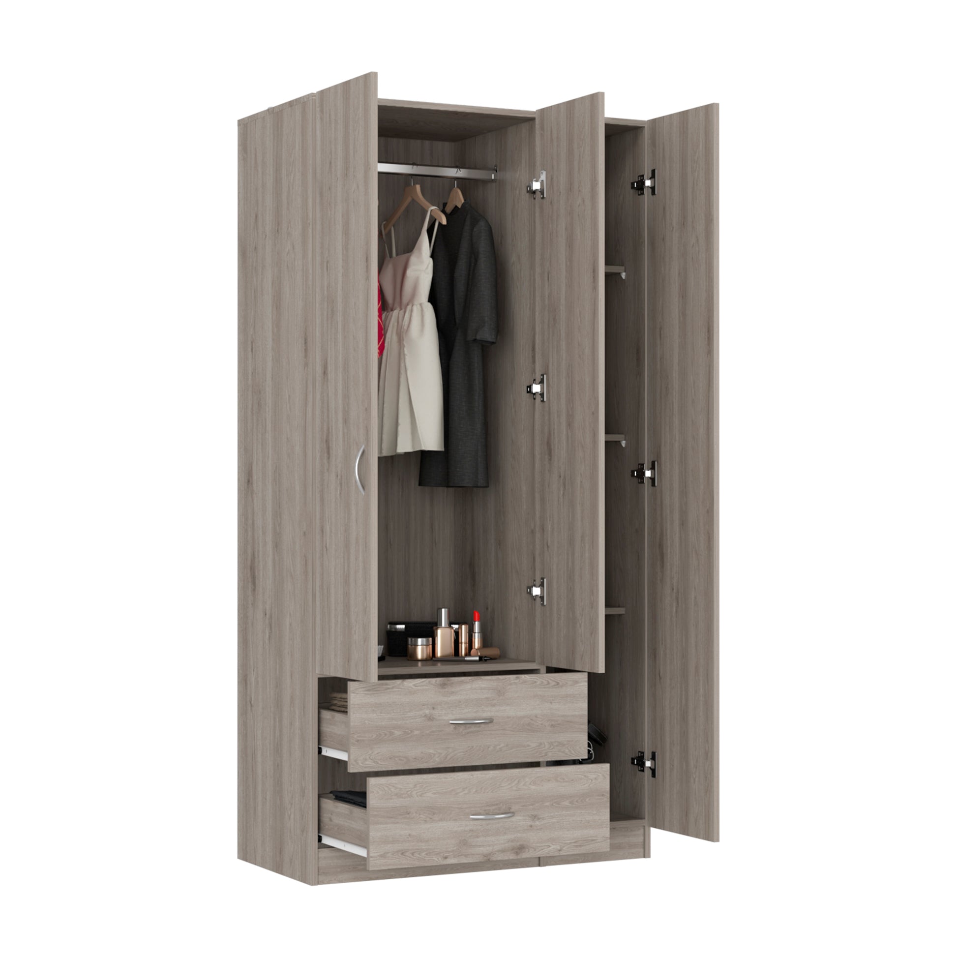 Austral 3 Door Armoire With Two Drawers, Shelves, And Hanging Rod Light Gray Light Gray Particle Board