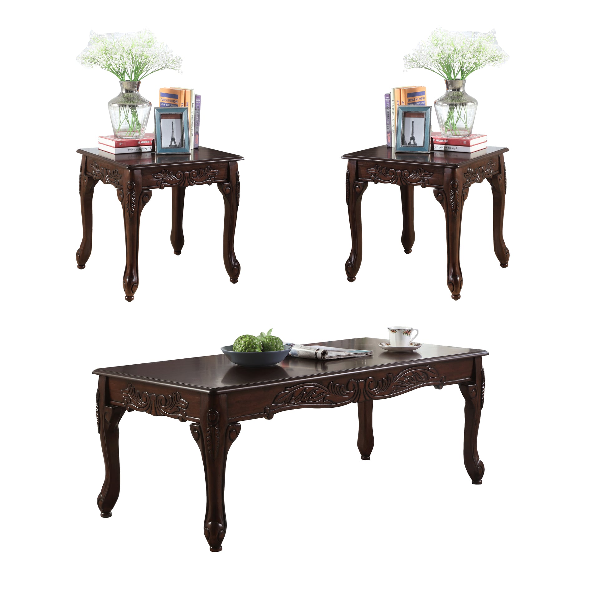 3Pc Dark Cherry Finish Coffee & End Table Set Brown Brown Primary Living Space Rectangular Coffee & End Tables Rectangular Wood Wood