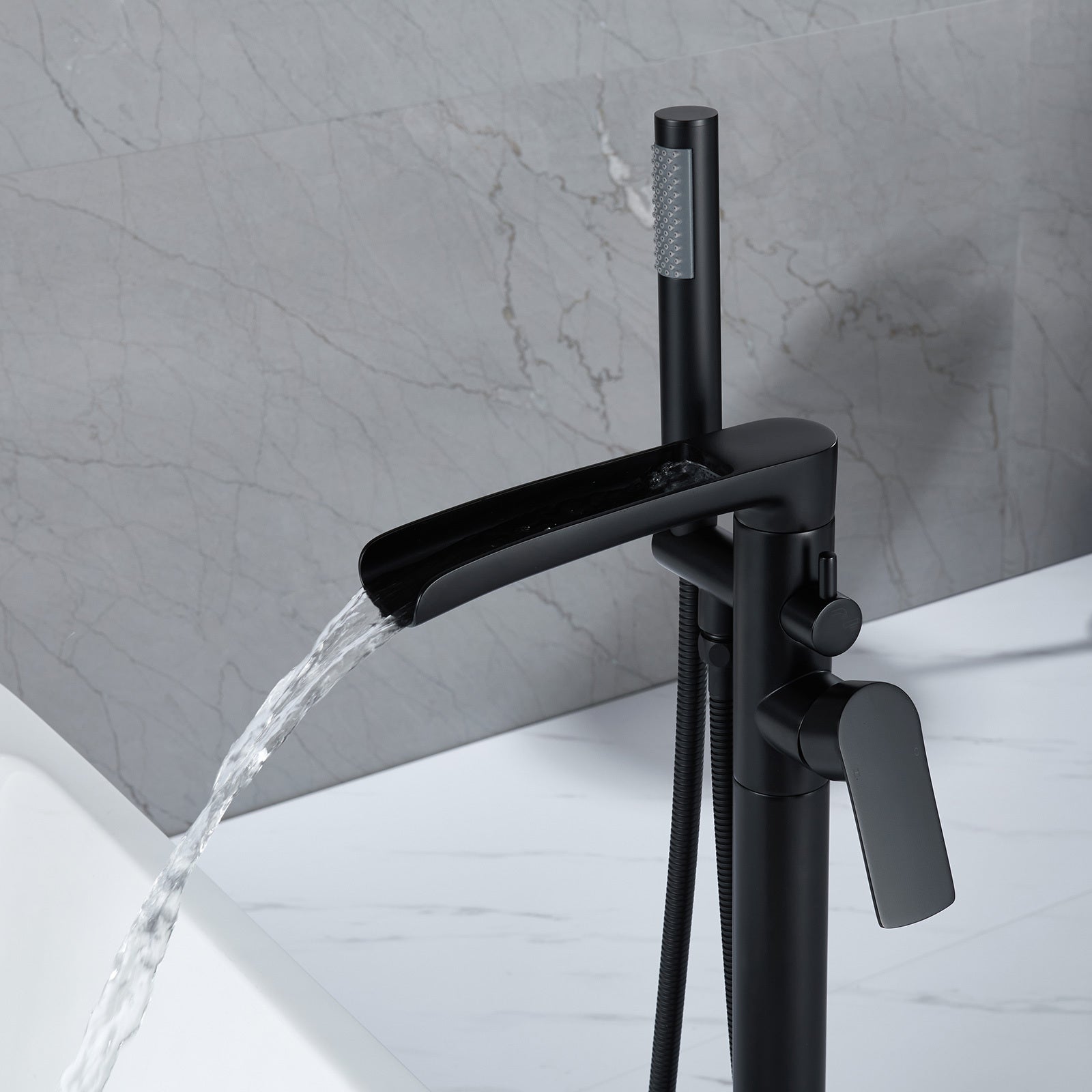 Matte Black Freestanding Floor Mount Bathtub Filler With Single Handle And Hand Shower Matte Black Brass