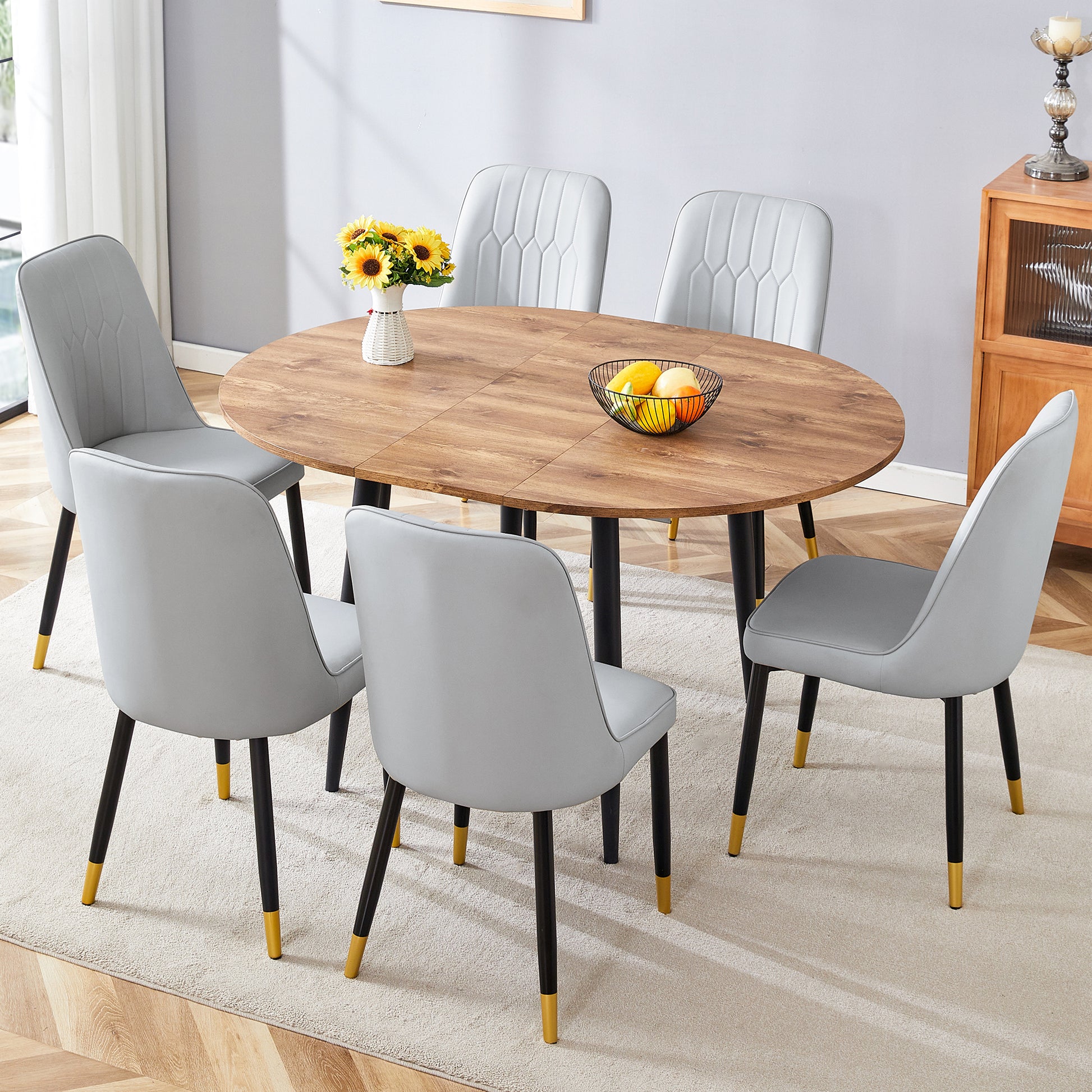 Table And Chair Set.Modern Extendable Wood Mdf Dining Table.The Table Has A Telescopic Design, Suitable For Gatherings Of Different Size.Paired With 6 Chairs With Pu Cushions And Black Metal Legs. Light Gray,Wood Seats 6 Mdf Metal