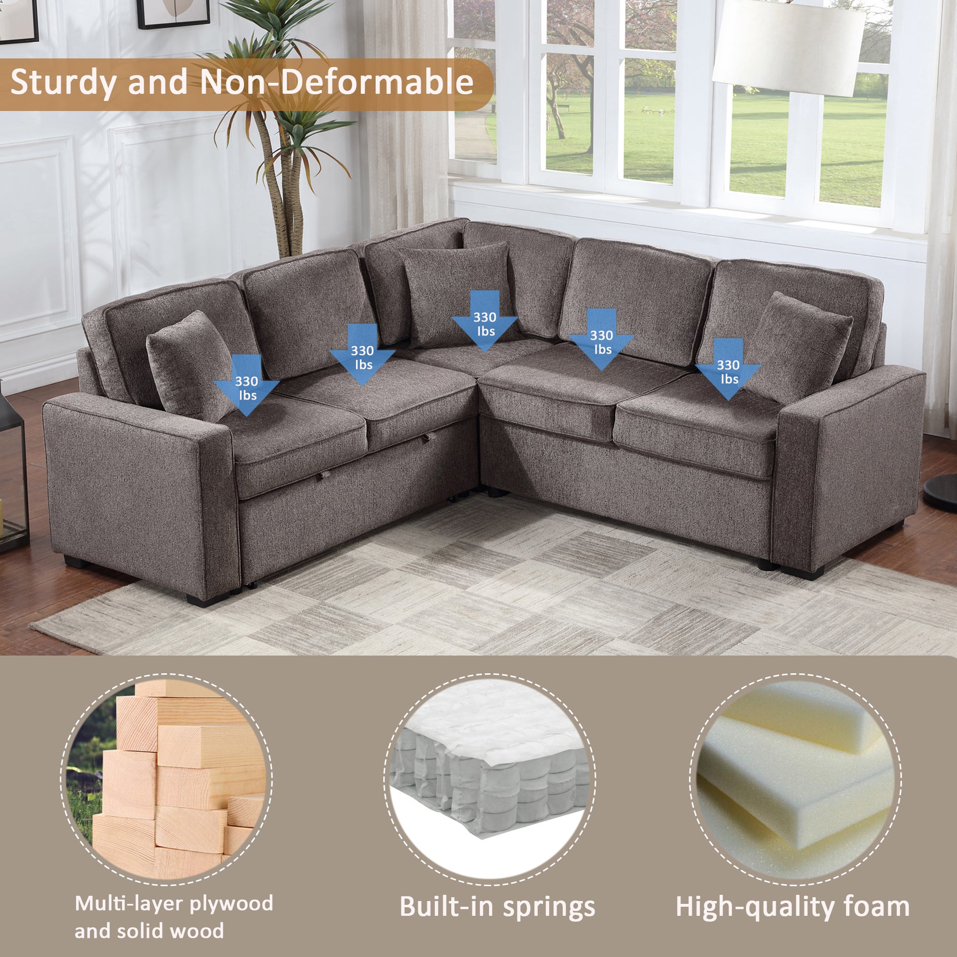 Modular Sofa, Sectional Couch L Shaped Sofa Couch With Pullout Sleeper, 5 Seat Chenille Corner Sofa For Living Room, 3 Pillows Included, Light Brown Light Brown Chenille Foam Plywood 5 Seat