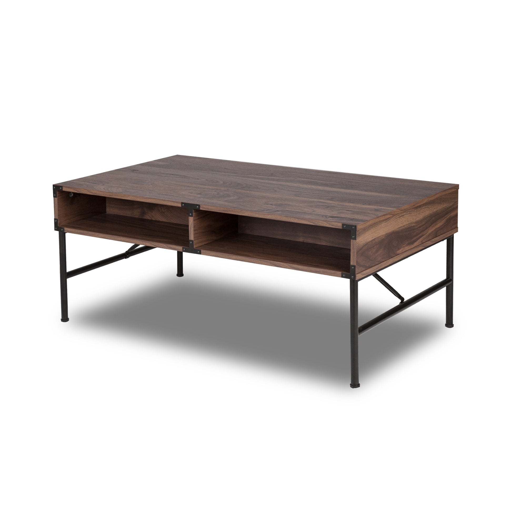 Coffee Table "Chic Walnut Coffee Table With Drawers And Sleek Metal Frame For Modern Living Spaces" Walnut Solid Wood