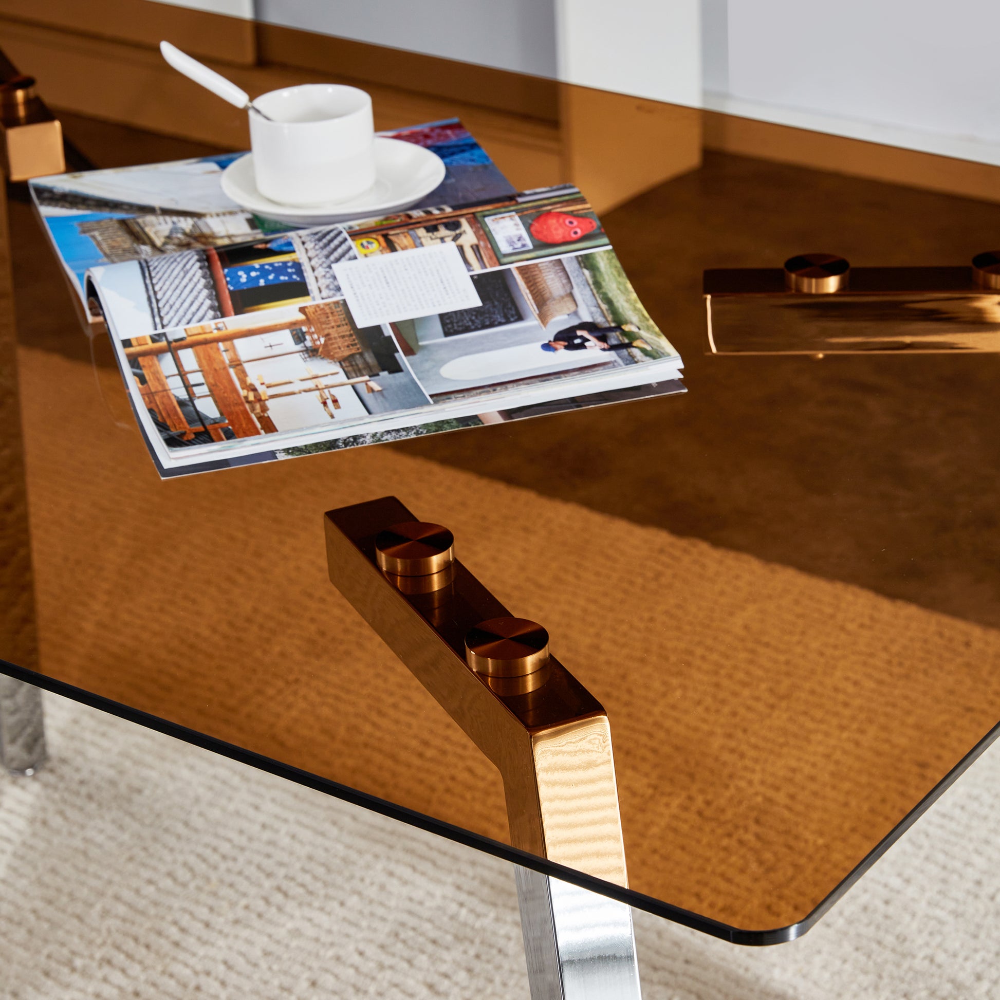 Table And Chair Set.Large Modern Rectangular Table With Brown Glass Top And Silver Metal Legs. Paired With 4 Light Gray Chairs With Checkered Armless High Back Pu Cushion And Silver Metal Legs. Light Gray,Silver Seats 4 Glass Metal