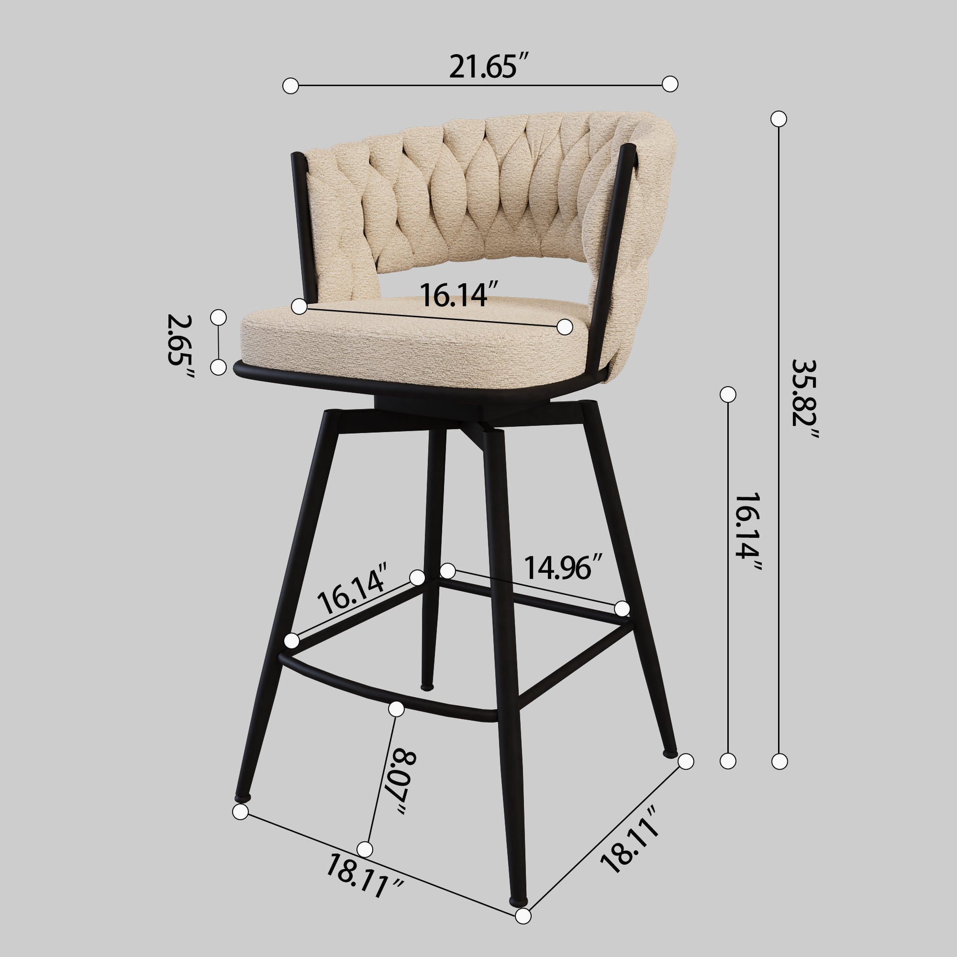 Bar Chair Toweling Woven Bar Stool Set Of 2,Black Legs Barstools No Adjustable Kitchen Island Chairs,360 Swivel Bar Stools Upholstered Counter Stool Arm Chairs With Back Footrest, White Metal White Kitchen Dining Chairs Foam Linen