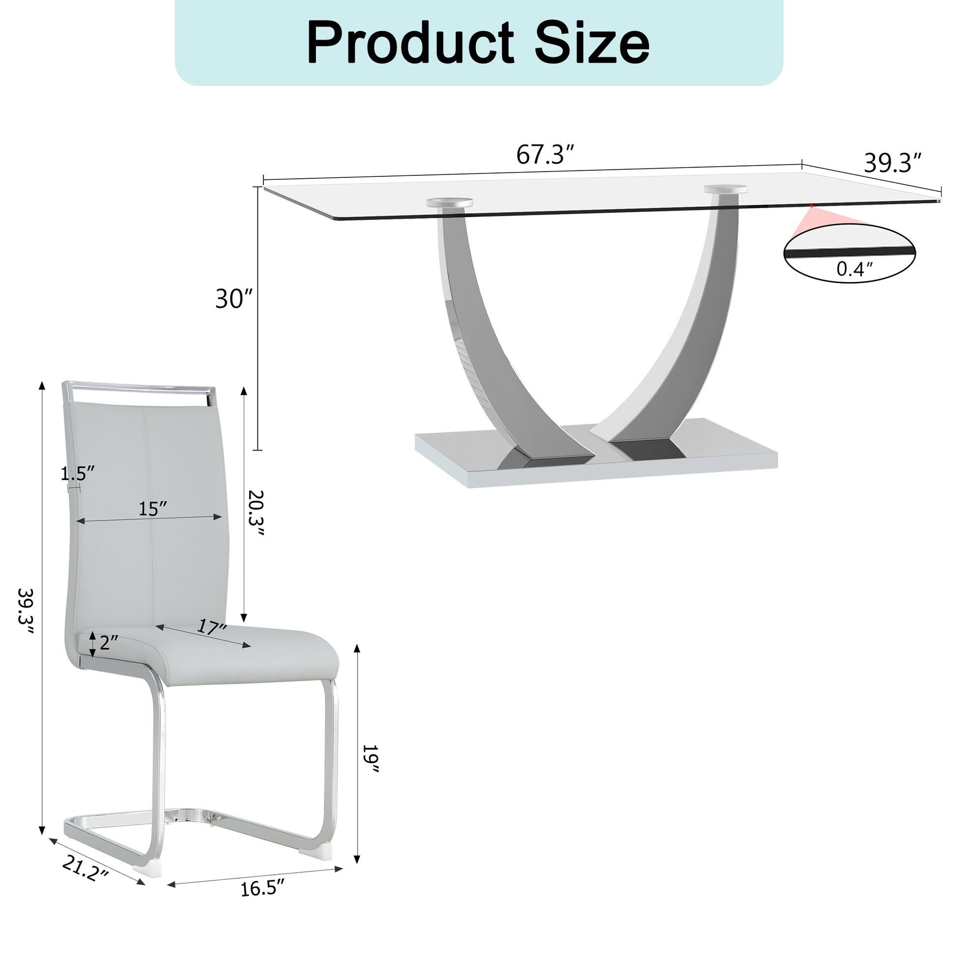 Table And Chair Set. Large Modern Rectangular Table With Glass Top And Silver Metal Legs. Furnished With Soft And Comfortable Pu Chairs With Faux Leather Upholstered Seats And Silver Metal Legs. Gray Silver Seats 6 Glass Metal