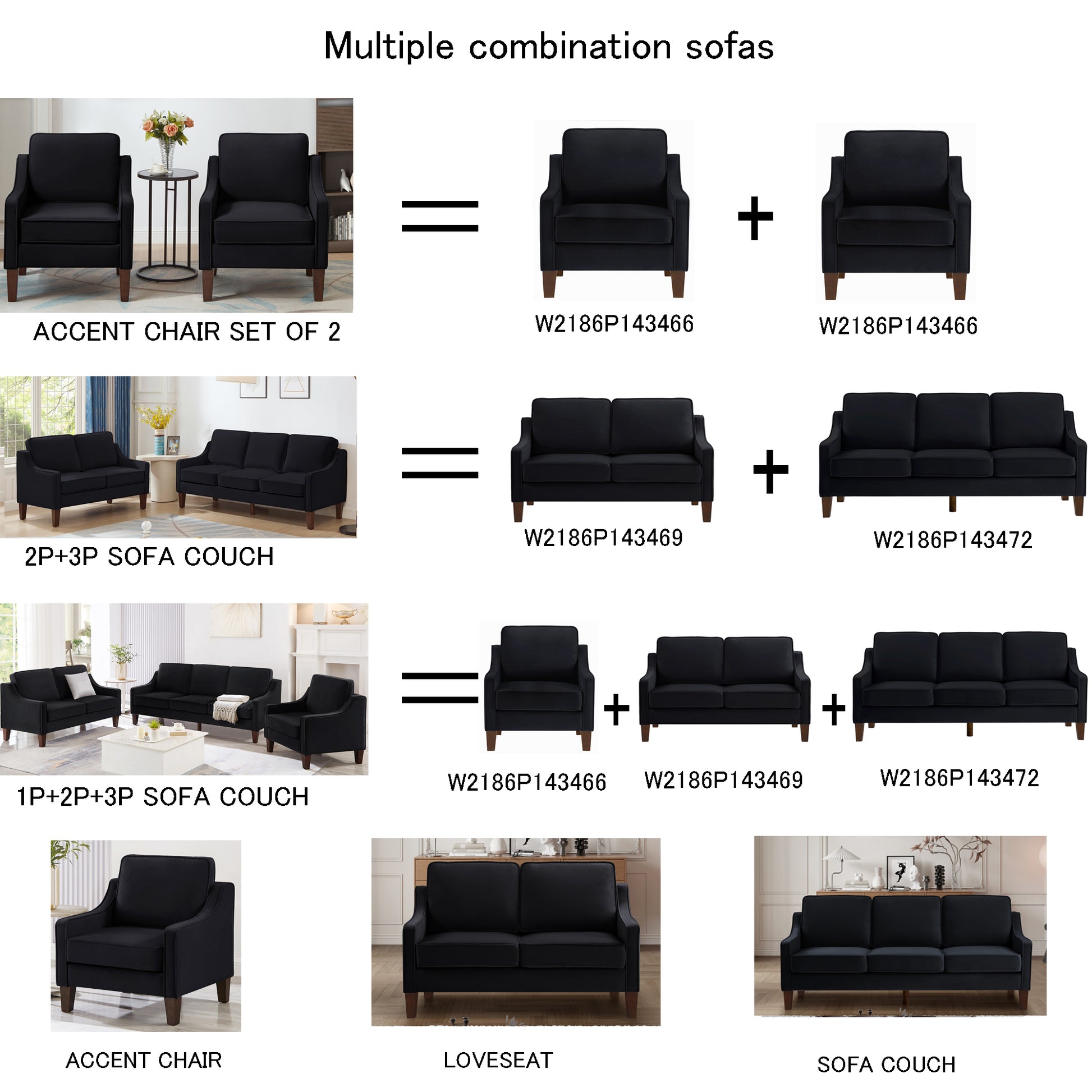Modern Loveseat Sofa For Living Room, Upholstered Velvet Small Couch With Wooden Legs For Livingroom Bedroom, Black Black Espresso Velvet Wood Primary Living Space Medium Soft Cushion Back American Design Rubberwood Square Arms Foam Velvet 2 Seat