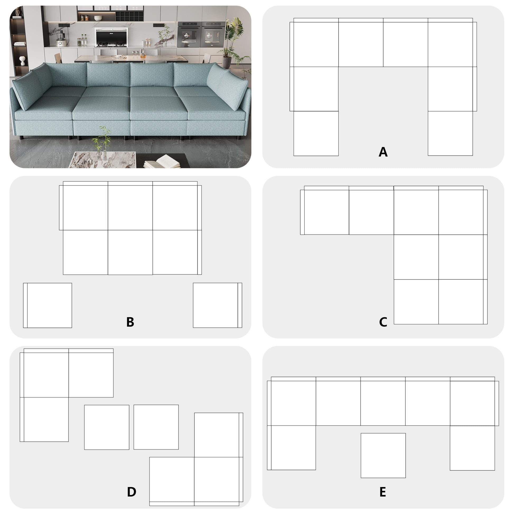 Modular Sectional Sofa, Convertible Sofa Seat With Storage, Sleeper Sectional Sofa Set, Fabric Flexible Modular Combinations For Living Room Antique Blue Fabric 8 Seat