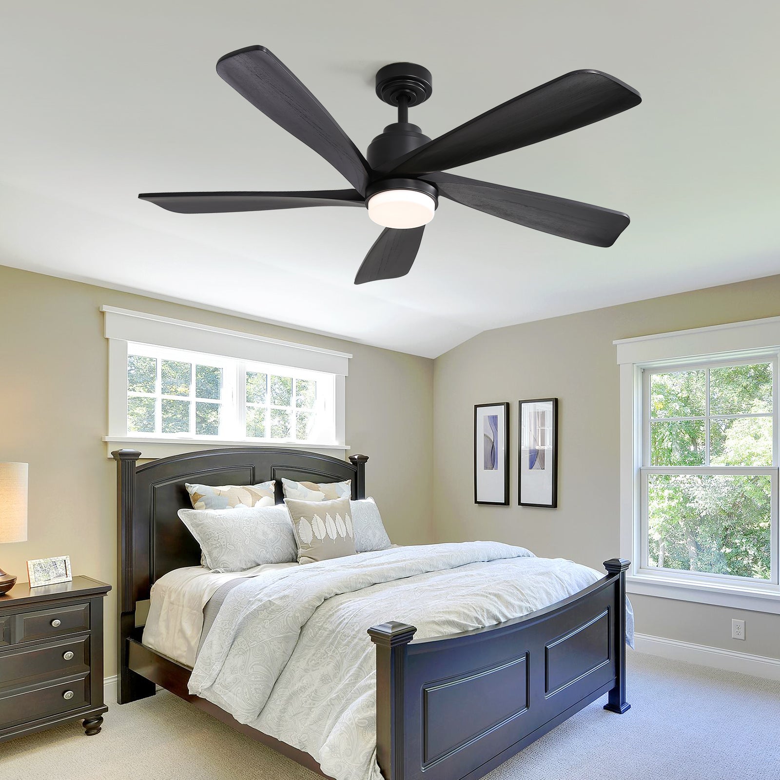 52 Inch Ceiling Fan With Dimmable Led Light 5 Solid Wood Blades Smart Remote Control Reversible Dc Motor Ceiling Fan Black For Home Black Metal & Wood