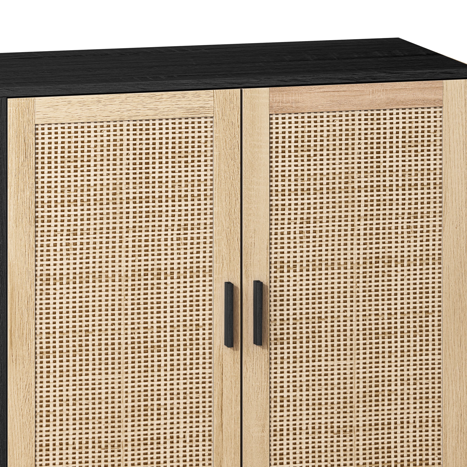 62.20"Elegant And Functional 4 Door Rattan Decorative Storage Cabinet,For Bedroom,Living Room,Office,Easy Assembly,Black Black Primary Living Space Particle Board