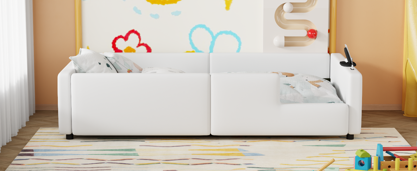 Twin Size Upholstered Platform Bed With Guardrail And Charging Station, White Box Spring Not Required Twin White Upholstered