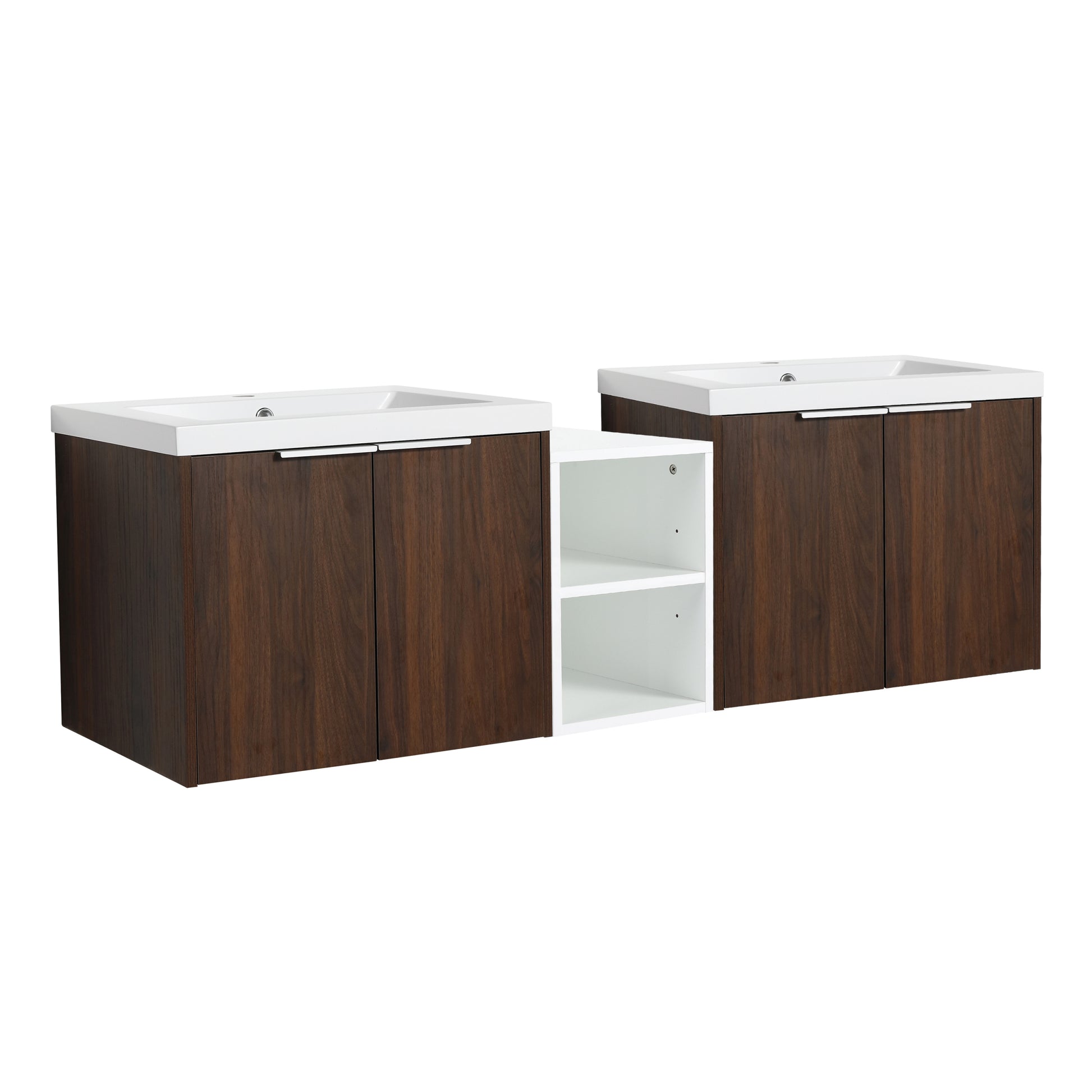 60 Inch Soft Close Doors Bathroom Vanity With Sink, A Small Storage Shelves, 24" And 12" Combination Cabinet, Kd Packing California Walnut 4 1 Bathroom Wall Mounted Modern Plywood