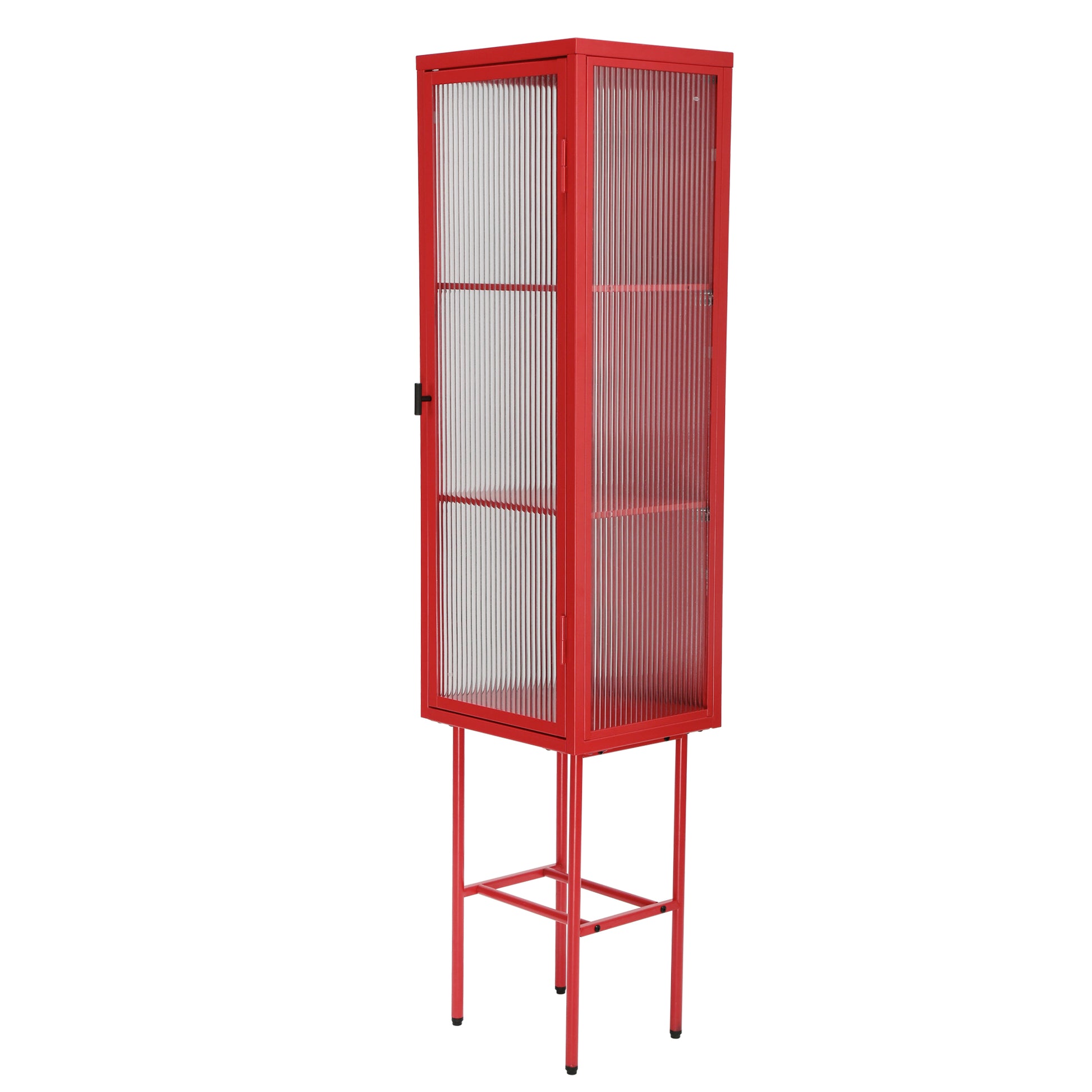 Retro Style Freestanding Metal Tall Display Cupboard With Glass Door And Three Detachable Shelves For Office, Living Room, Kitchen Console Sideboard,Bedside Entryway Red Old Sku:W68751719 Red Steel