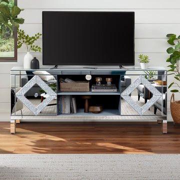 Mirrored Tv Stand For 65 Inch Tv,Sliver Tv Console Table With Open Storage & 2 Storage Cabinets ,Diamond Shape Sparkling Mirror Doors For Living Room 59''W X 25.2''H X 15.7D 1 2 Shelves Glass Pane