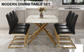 Table And Chair Set.Modern Luxurious Tempered Glass Dining Table Set With 6 Gold Metal Legs And Pu Chairs.White Marble Patterned Sticker Tabletop,Black Chairs With Gold Metal Legs. Black Gold Seats