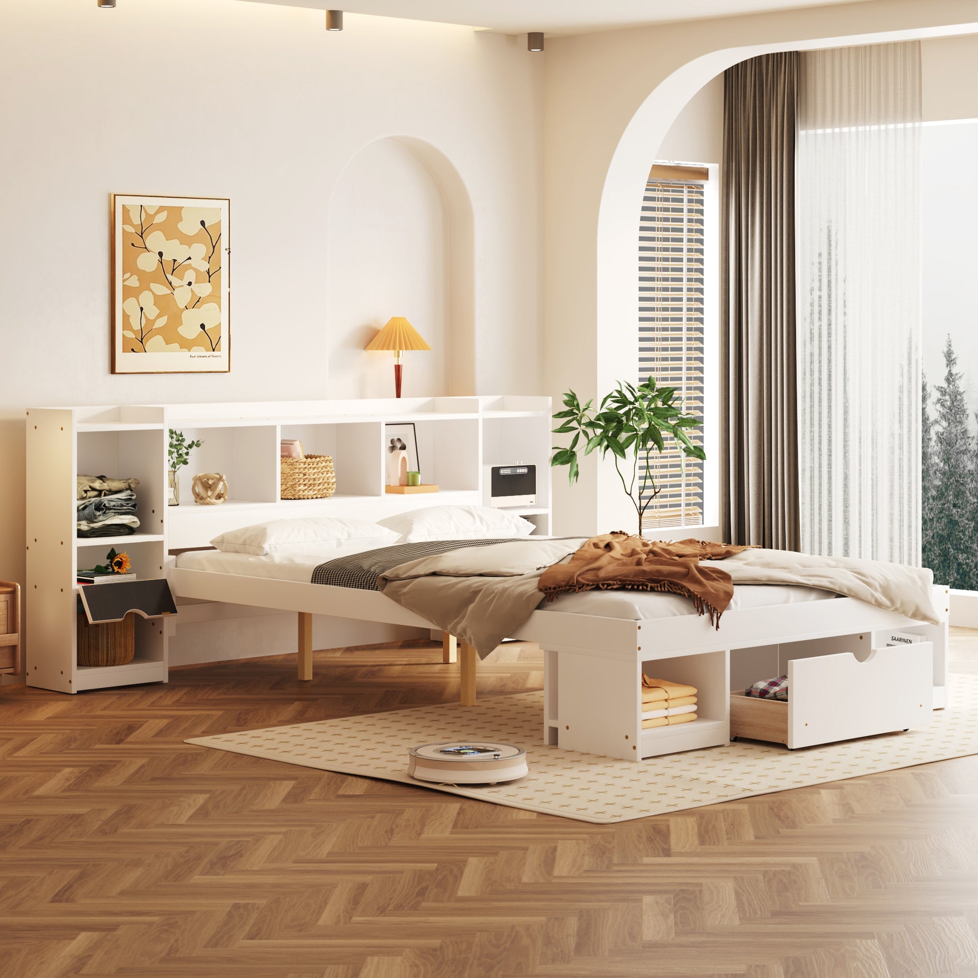 Queen Size Wood Platform Bed With Multi Storage Headboard And A Drawer, White Box Spring Not Required Queen White Wood Bedroom Bed Frame Solid Wood Mdf