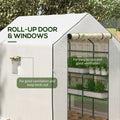 Outsunny 4.6' X 4.7' Portable Greenhouse, Water Uv Resistant Walk In Small Outdoor Greenhouse With 2 Tier U Shaped Flower Rack Shelves, Roll Up Door & Windows, White White Steel
