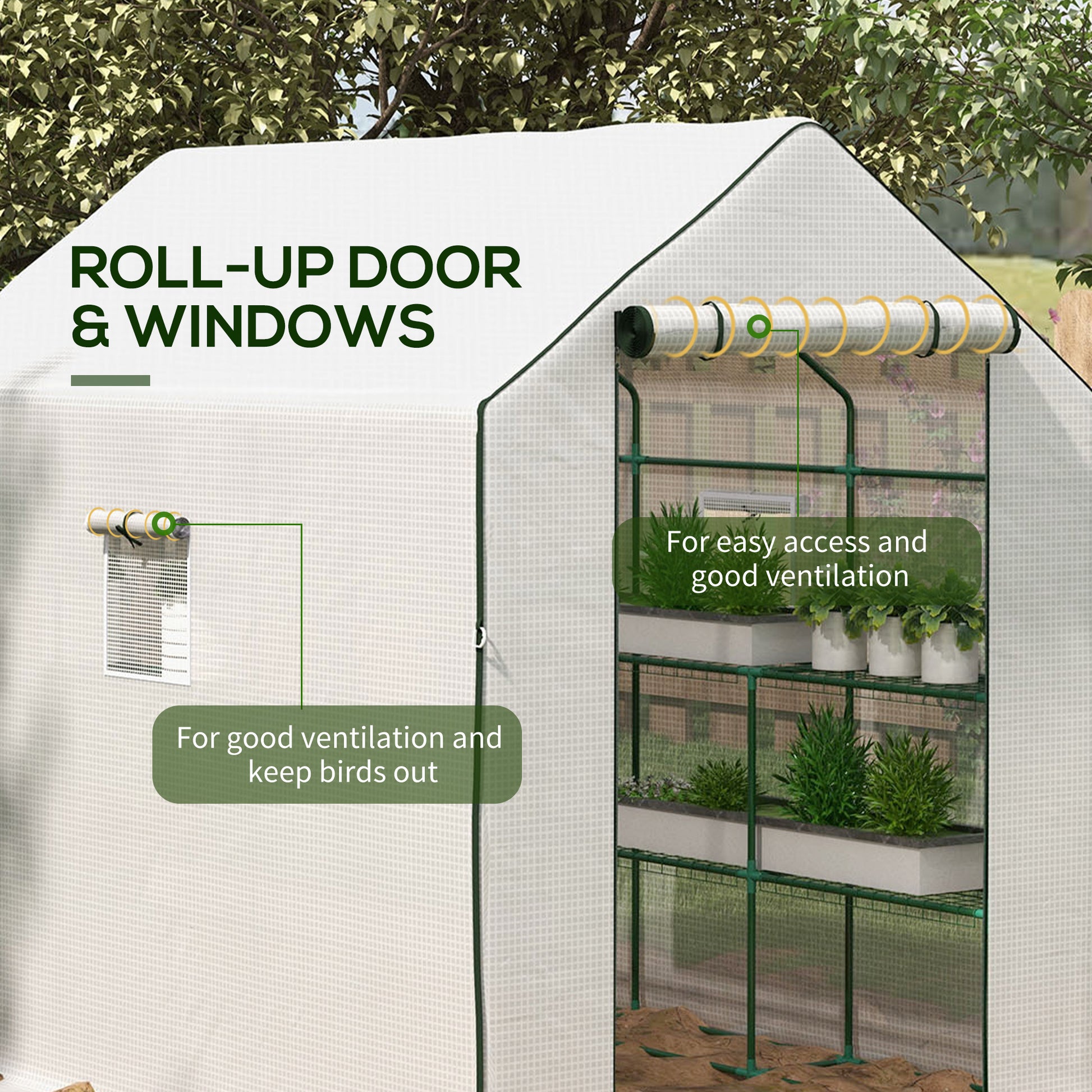Outsunny 4.6' X 4.7' Portable Greenhouse, Water Uv Resistant Walk In Small Outdoor Greenhouse With 2 Tier U Shaped Flower Rack Shelves, Roll Up Door & Windows, White White Steel