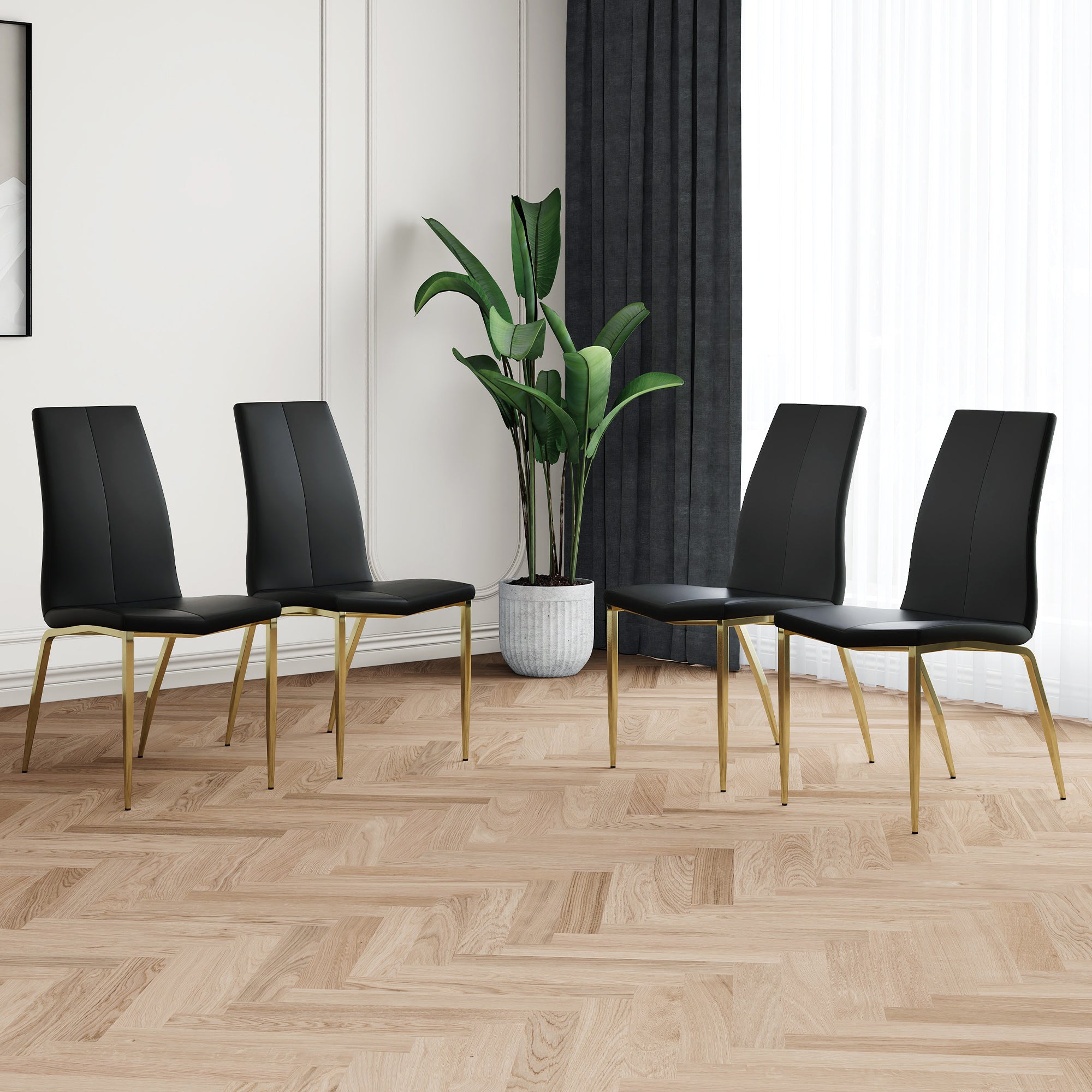 Modern Dining Chairs With Faux Leather Padded Seat Dining Living Room Chairs Upholstered Chair With Gold Metal Legs Design For Kitchen, Living, Bedroom, Dining Room Side Chairs Set Of 4 Black Metal