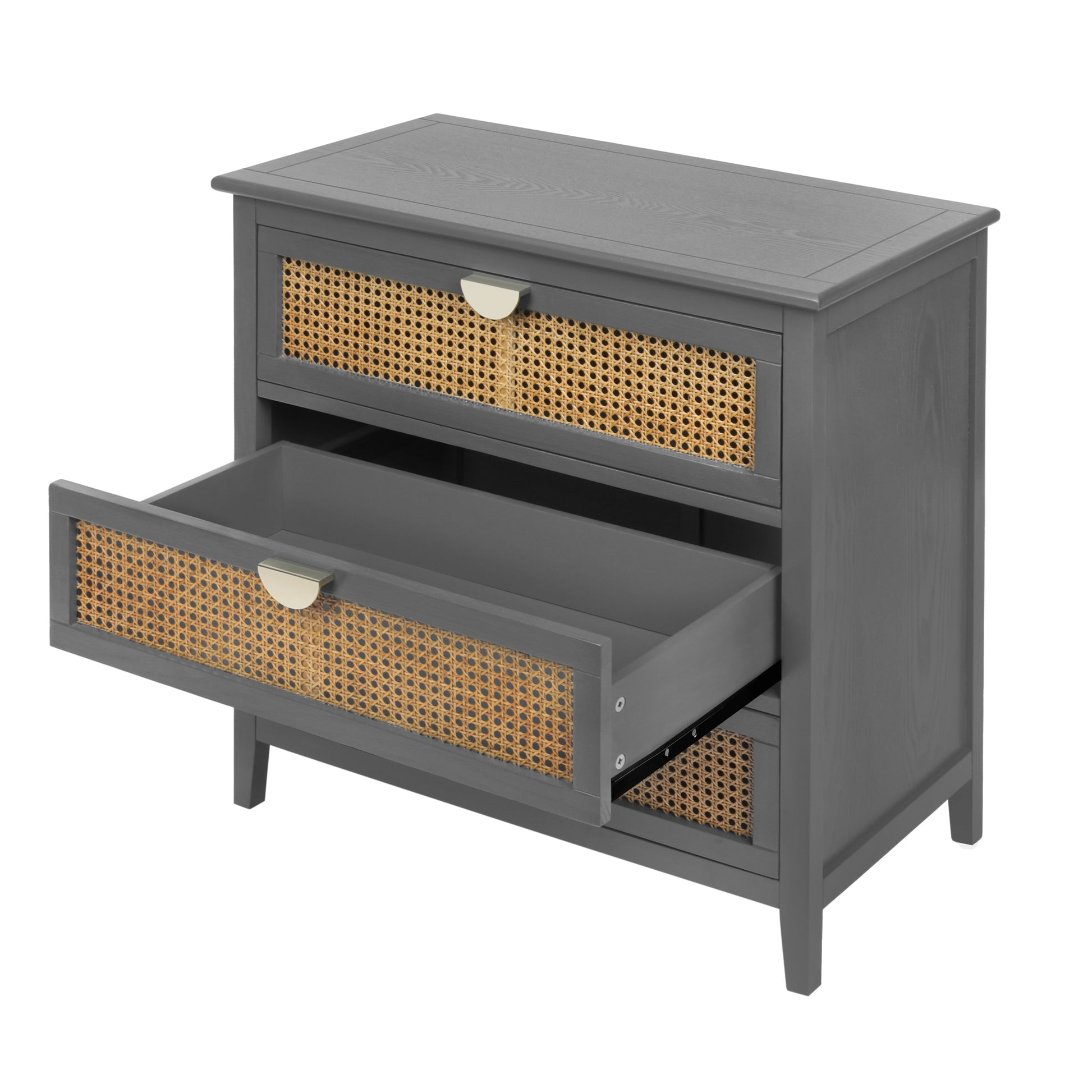 3 Drawer Cabinet,Natural Rattan,American Furniture,Suitable For Bedroom, Living Room, Study Gray Mdf