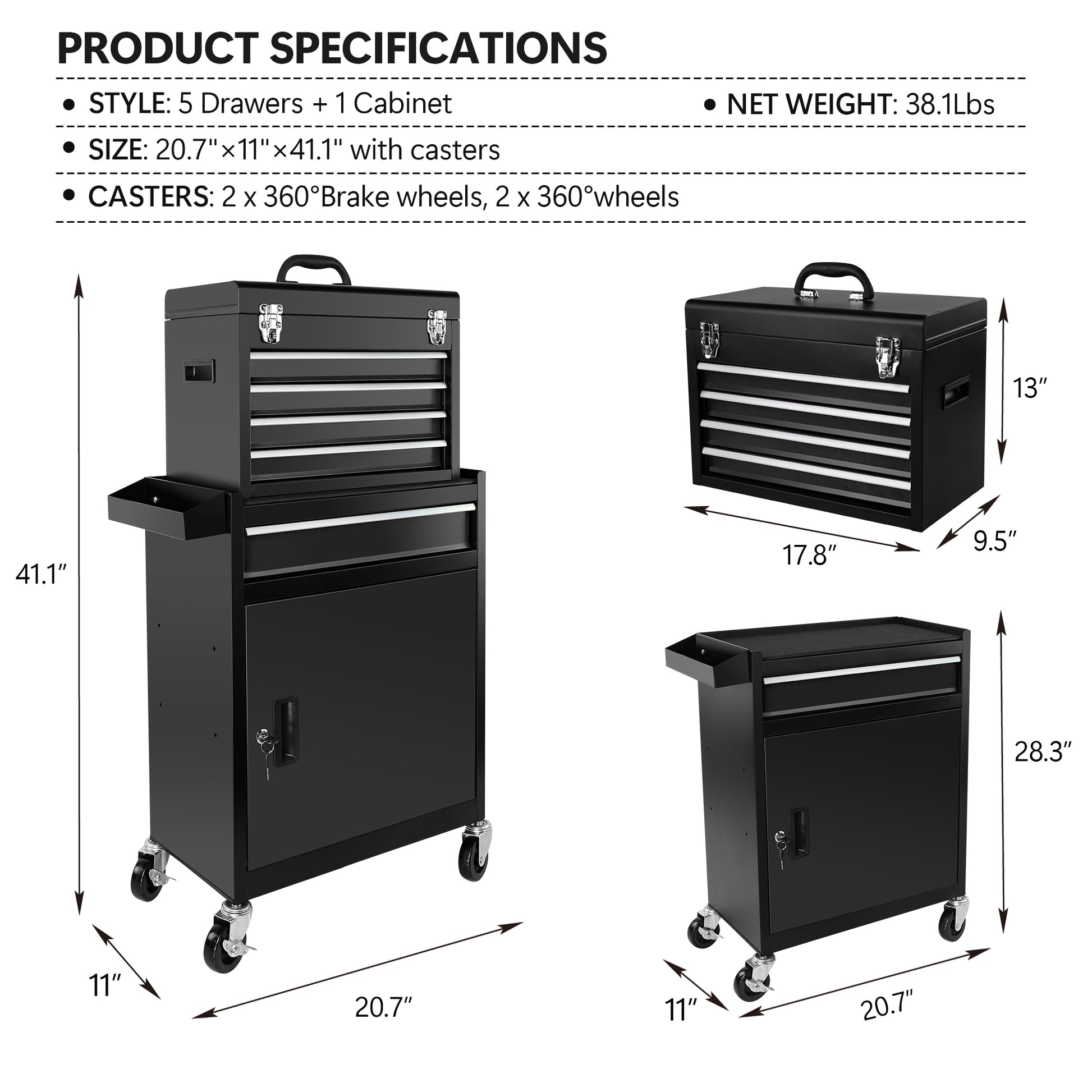 Rolling Garage Workshop Organizer Detachable 5 Drawer Tool Chest With Large Storage Cabinet, Detachable Tool Box Organizer Black Black Steel