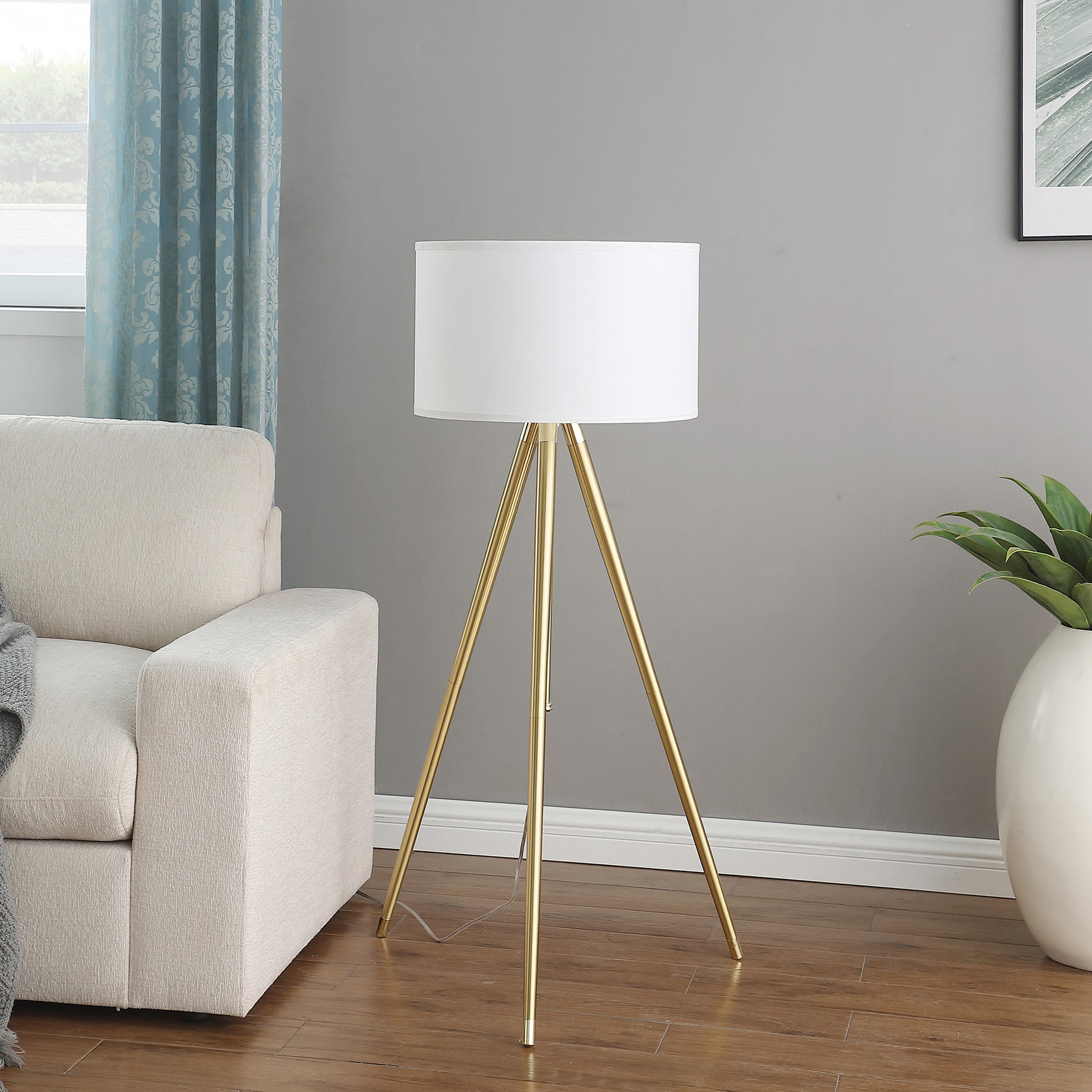 64" 47"H Adjustable Height Brass Shiny Gold Modern Tripod Floor Lamp For Living Room, Standing Lamp For Bedroom Gold White Fabric Metal