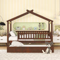 Full Size Wooden House Bed With Twin Size Trundle, Walnut Full Walnut Solid Wood Mdf