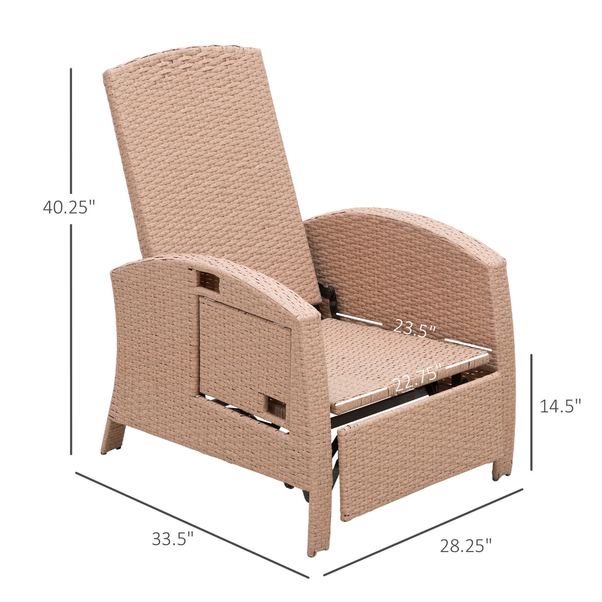 Outsunny Patio Recliner, Outdoor Reclining Chair With Flip Up Side Table, All Weather Wicker Metal Frame Chaise With Footrest, Cushions, Beige Beige Steel