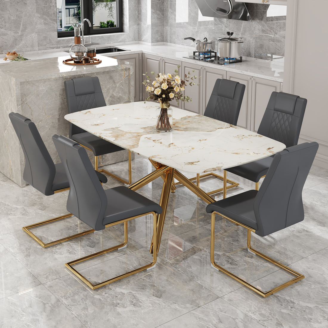 Table And Chair Set.Modern Luxurious Tempered Glass Dining Table Set With 6 Gold Metal Legs And Pu Chairs.White Marble Patterned Sticker Tabletop,Dark Gray Chairs With Gold Metal Legs. Gold,Gray