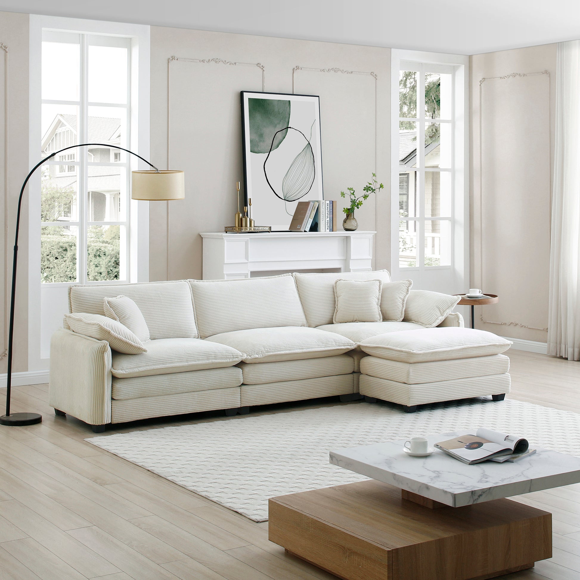 Oversize 3 Seater Sofa With One Footrest, L Shaped Sectional Sofa With Ottoman For Living Rooms, White Corduroy Sofa White Corduroy 3 Seat