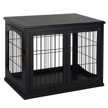 Pawhut Dog Crate Furniture, Small Dog Cage End Table With Two Opening Sides, Lockable Door, Puppy Kennel Indoor, Cute And Decorative, Black Black Mdf