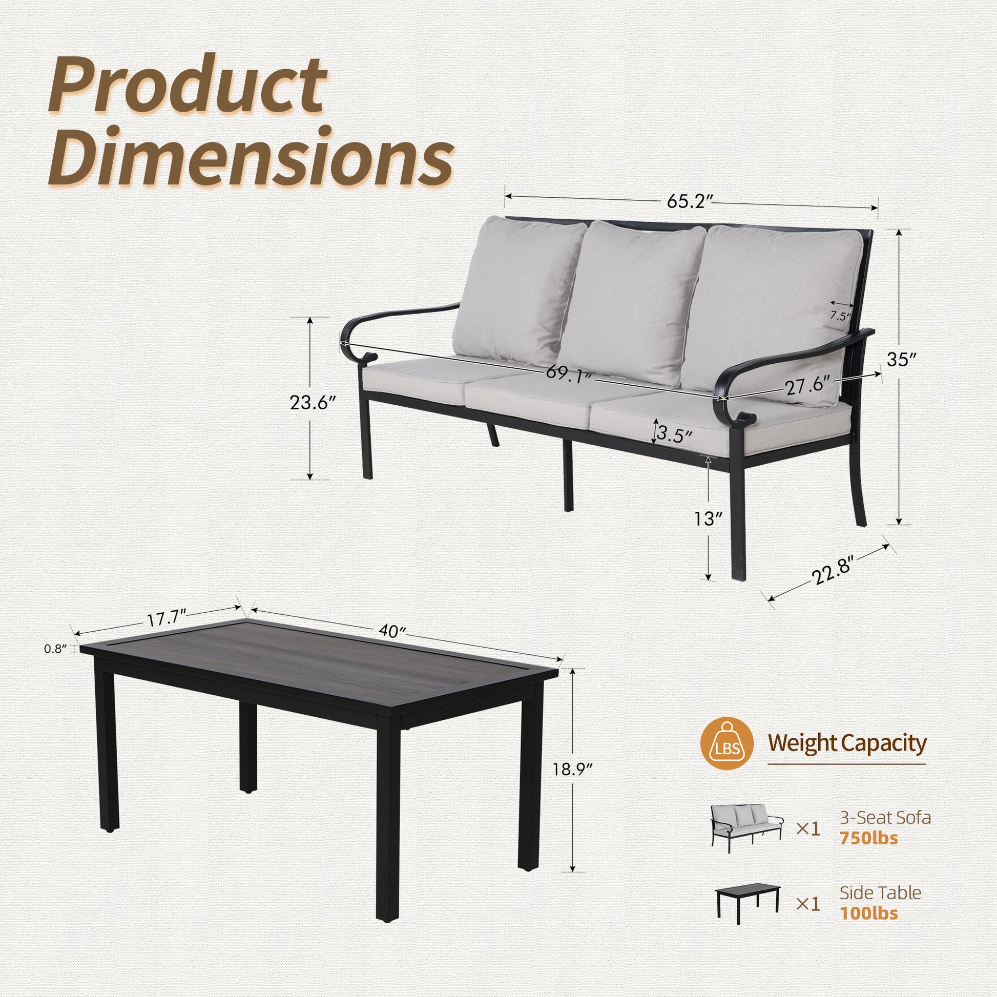 Patio 3 Seater Sofa With Table, Outdoor Conversation Furniture With Gray Cushions For Porch Balcony Deck Yes Sectional Black Grey Seats 2 Mildew Resistant Frame Fade Resistant Cushion Garden & Outdoor American Design Sectional Seating Groups Iron