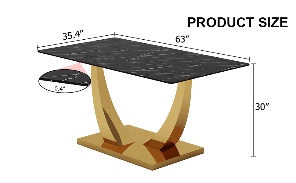 Modern Minimalist Rectangular Glass Dining Table, 0.4 "Thick, Black Sticker Glass Tabletop, Gold Plated Metal Legs. Used In Kitchens, Restaurants, And Living Rooms 63"*35.4"*30" F 1548 Black Gold