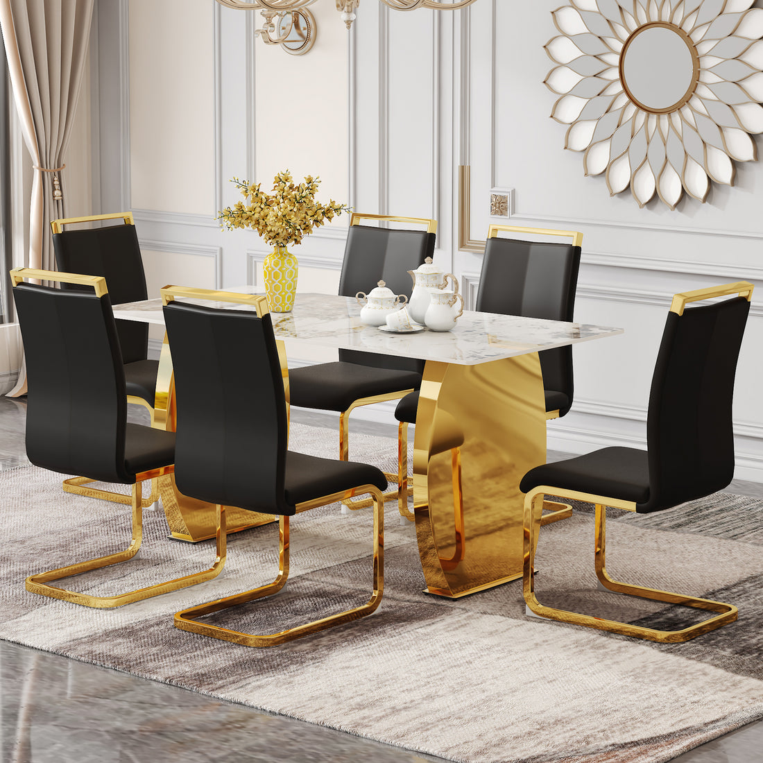 Table And Chair Set, Rock Plate Table Top, Gold Metal Table Legs, Stable And Beautiful, Suitable For Most Home Styles. Modern Simple Dining Table, Comfortable Seating. Black Gold Seats 6 Sintered Stone