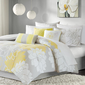 Printed Cotton Sateen Comforter Set Taupe Grey Yellow Queen Queen Yellow Grey Polyester