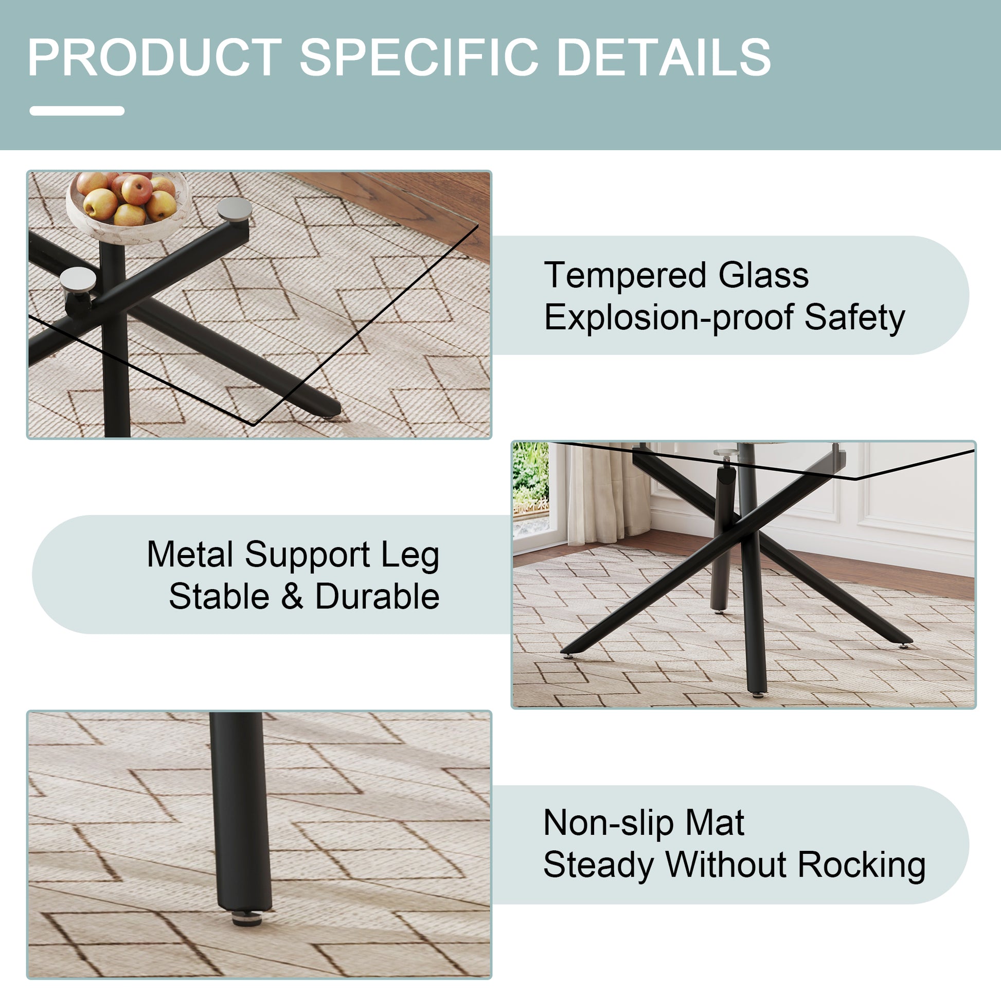 Table And Chair Set.Modern Rectangular Glass Dining Table With 0.39" Tempered Glass Tabletop And Black Metal Legs.Paired With Multiple Chairs Designed With Pu Cushions And Black Metal Legs. White Black Seats 4 Tempered Glass