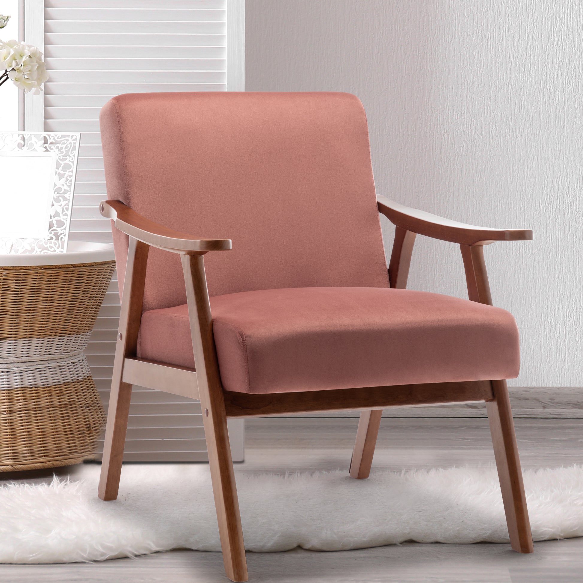 Mid Century Modern Chair, Living Room Chair With Solid Wood Frame, Accent Chair Extra Thick Backrest, Wingback Chair For Bedroom, Reading Room, Living Room, Lounge Chair Indoor Pink Primary Living Space Mid Century Modern Foam Velvet