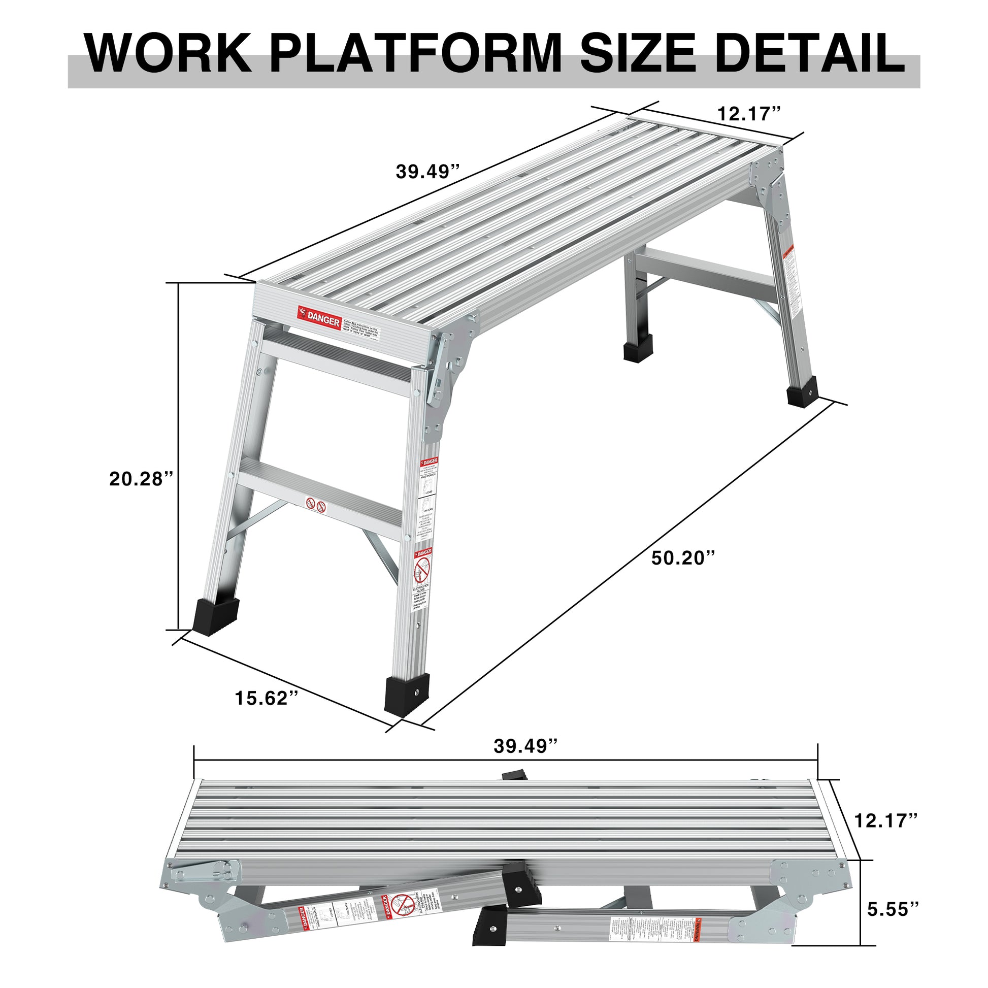 Work Platform Aluminum Portable Bench Folding Ladder Ansi Capacity 225 Lbs 40" Grey Aluminium Alloy