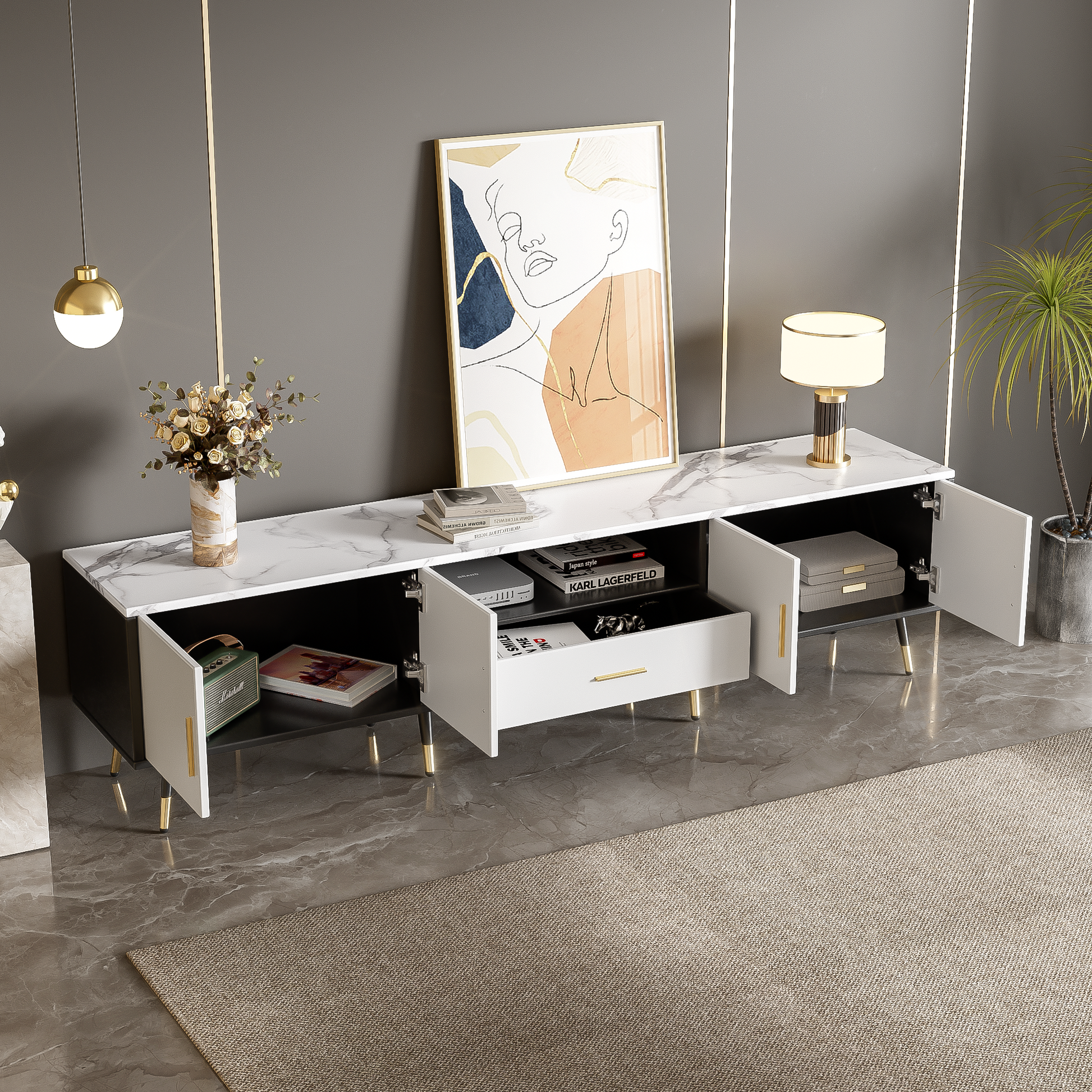 71'' Modern Tv Stand With 2 Cabinets& Open Compartments, Entertainment Center For Tvs Up To 80'', Television Console For Living Room, Bedroom, Home Theatre White Black Primary Living Space 70 79