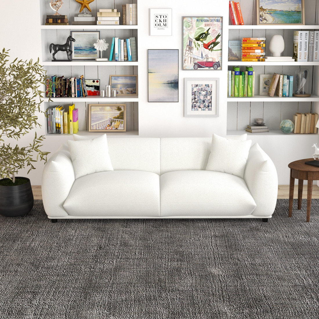 Emma Mid Century Modern Luxury Cream Boucle Sofa Cream,White Brown Wood Primary Living Space Mid Century Modern Foam Boucle,Solid Wood 3 Seat