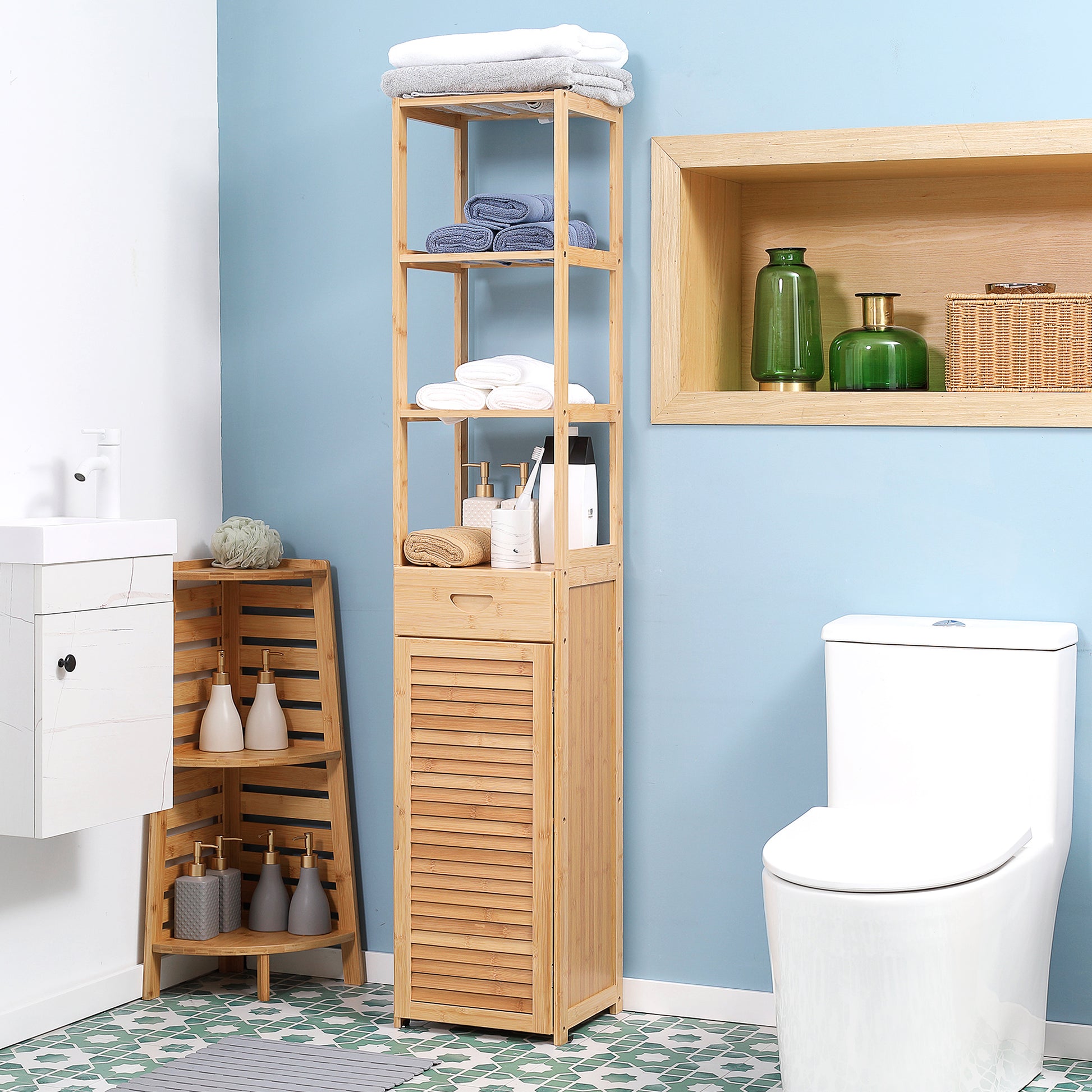 Kleankin Tall Bathroom Cabinet With Drawer And Slatted Shelves, Slim Bamboo Linen Tower With Louvered Door, Natural Natural Wood Bamboo