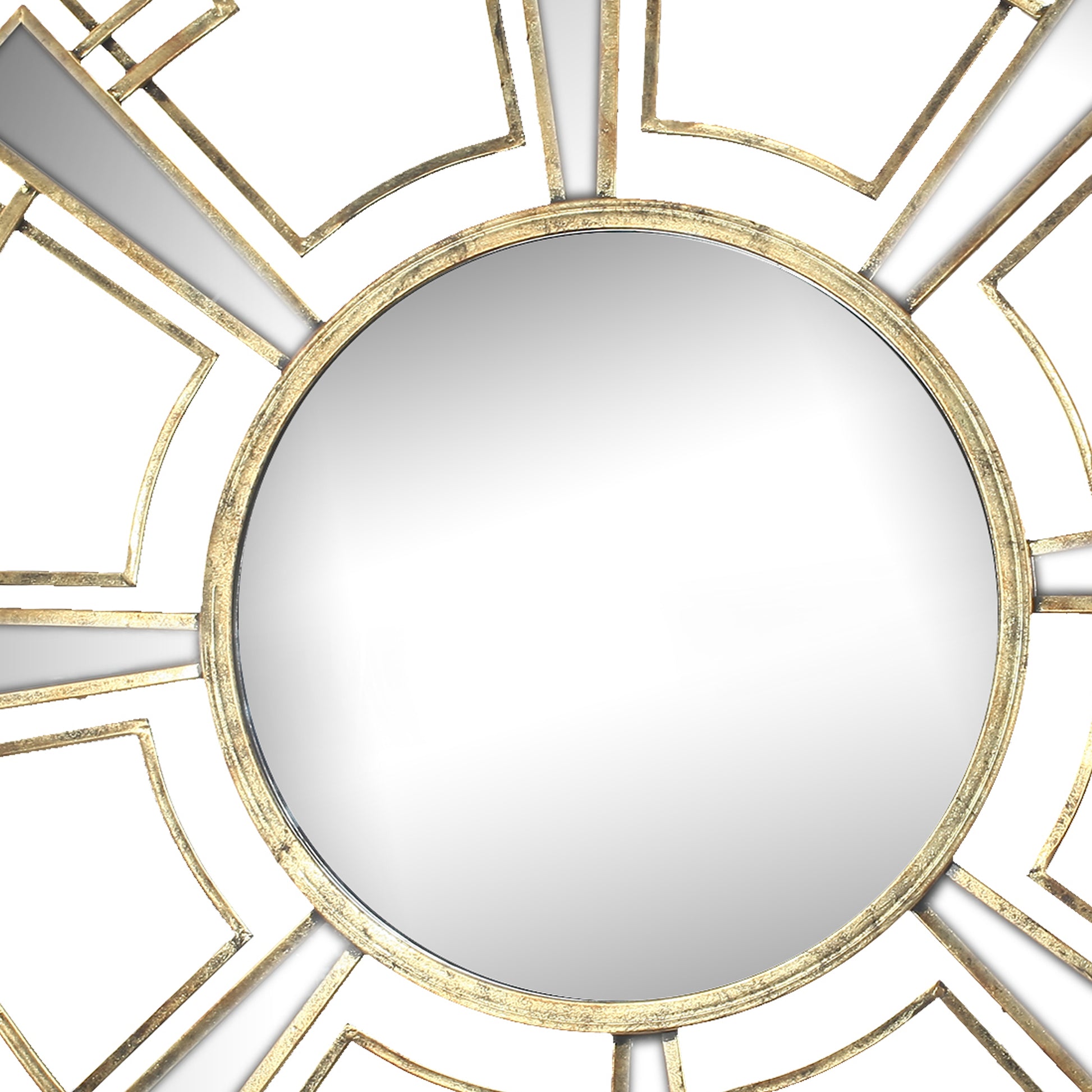 Round Sunburst Wall Mirror With Geometric Design Metal Frame, Gold Gold Iron