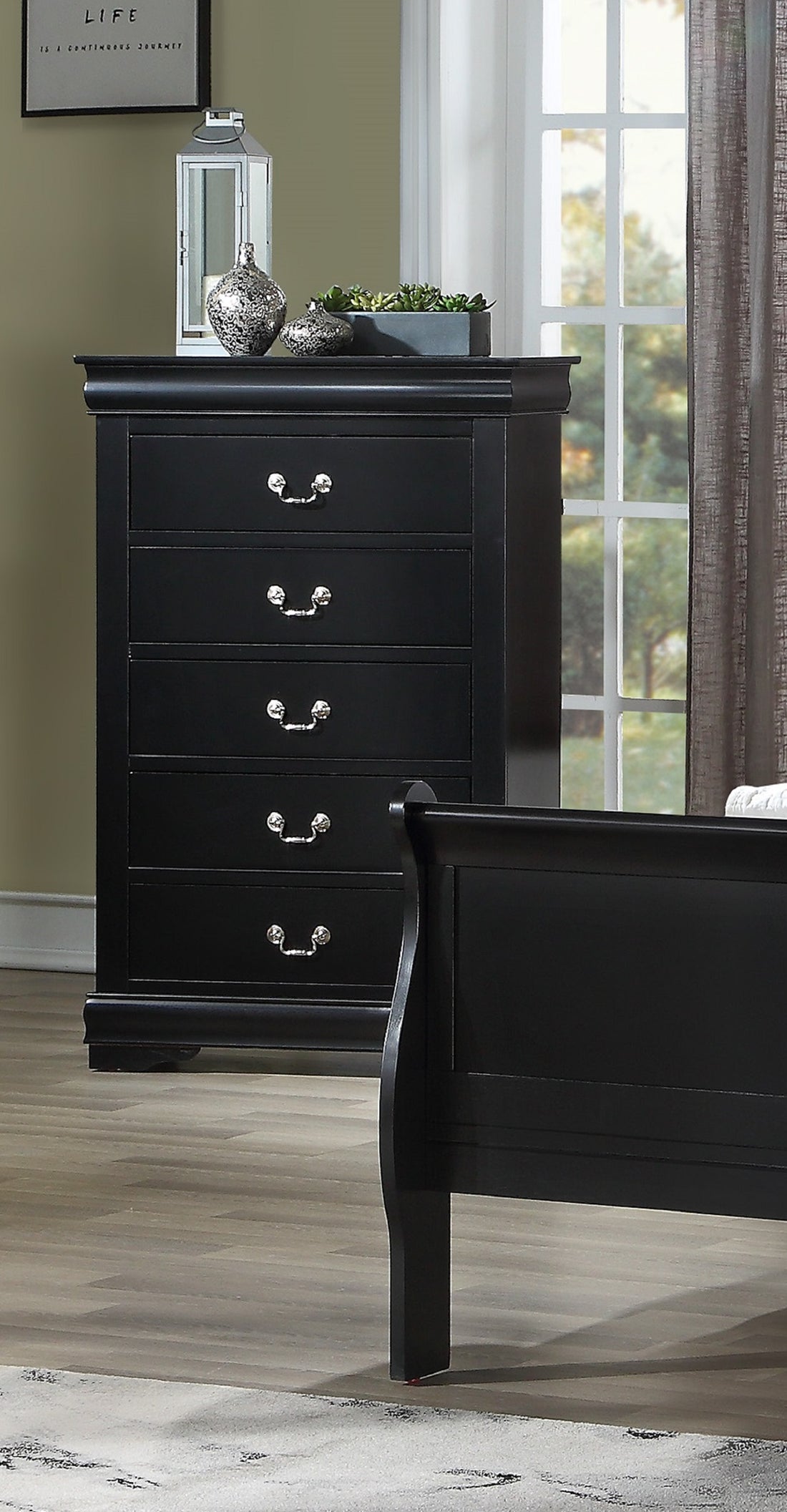 1Pc Black Finish Five Drawers Louis Philip Chest Solid Wood Contemporary Sleek Large Storage Black Transitional Solid Wood