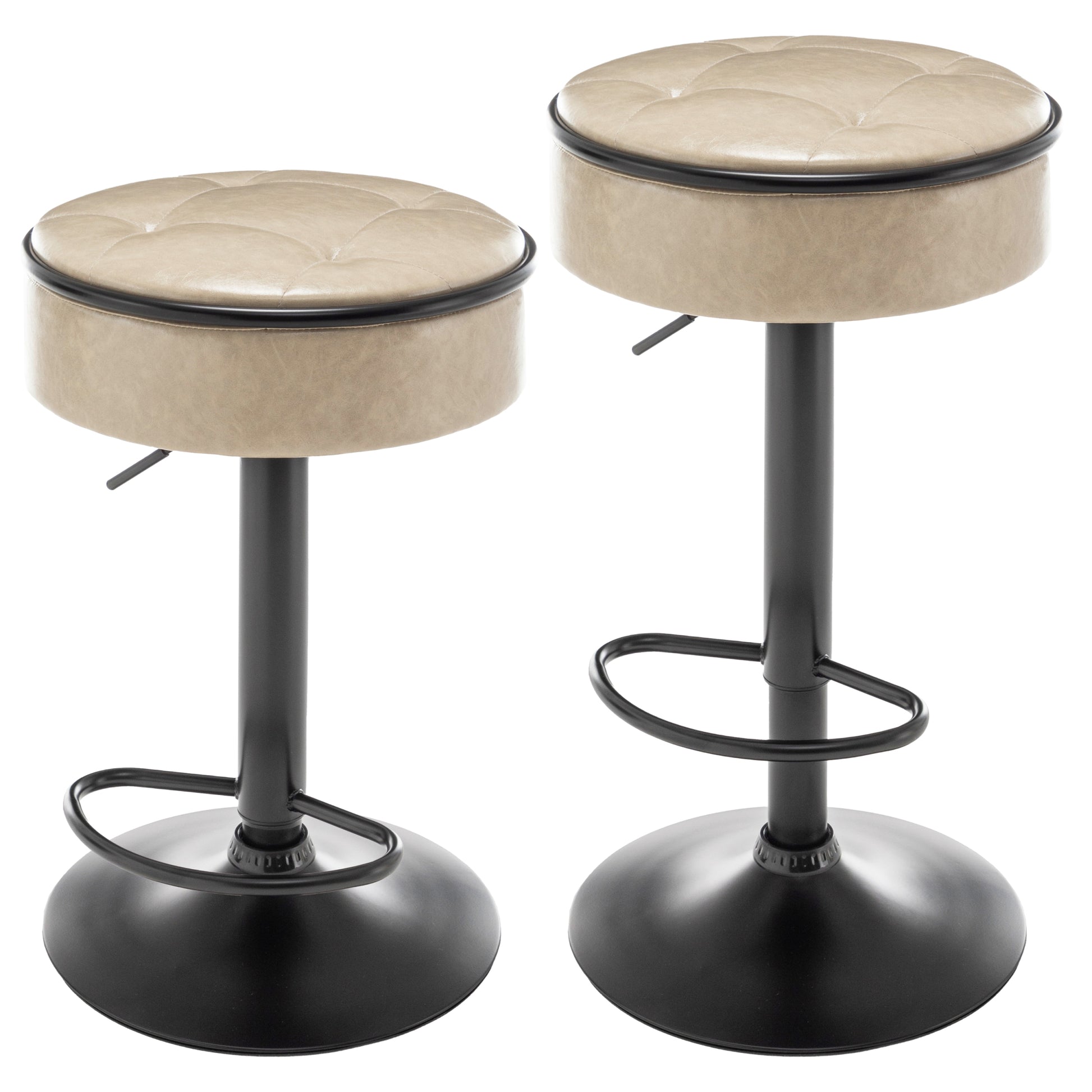 Round Storage Bar Stool Set Of 2, Khaki Faux Leather Height Adjustable Barstool, 360 Counter Height Swivel Stool, Armless Bar Chair With Metal Frame For Kitchen Counter Dining Living Room Khaki Set Of 2 Foam Pu Leather