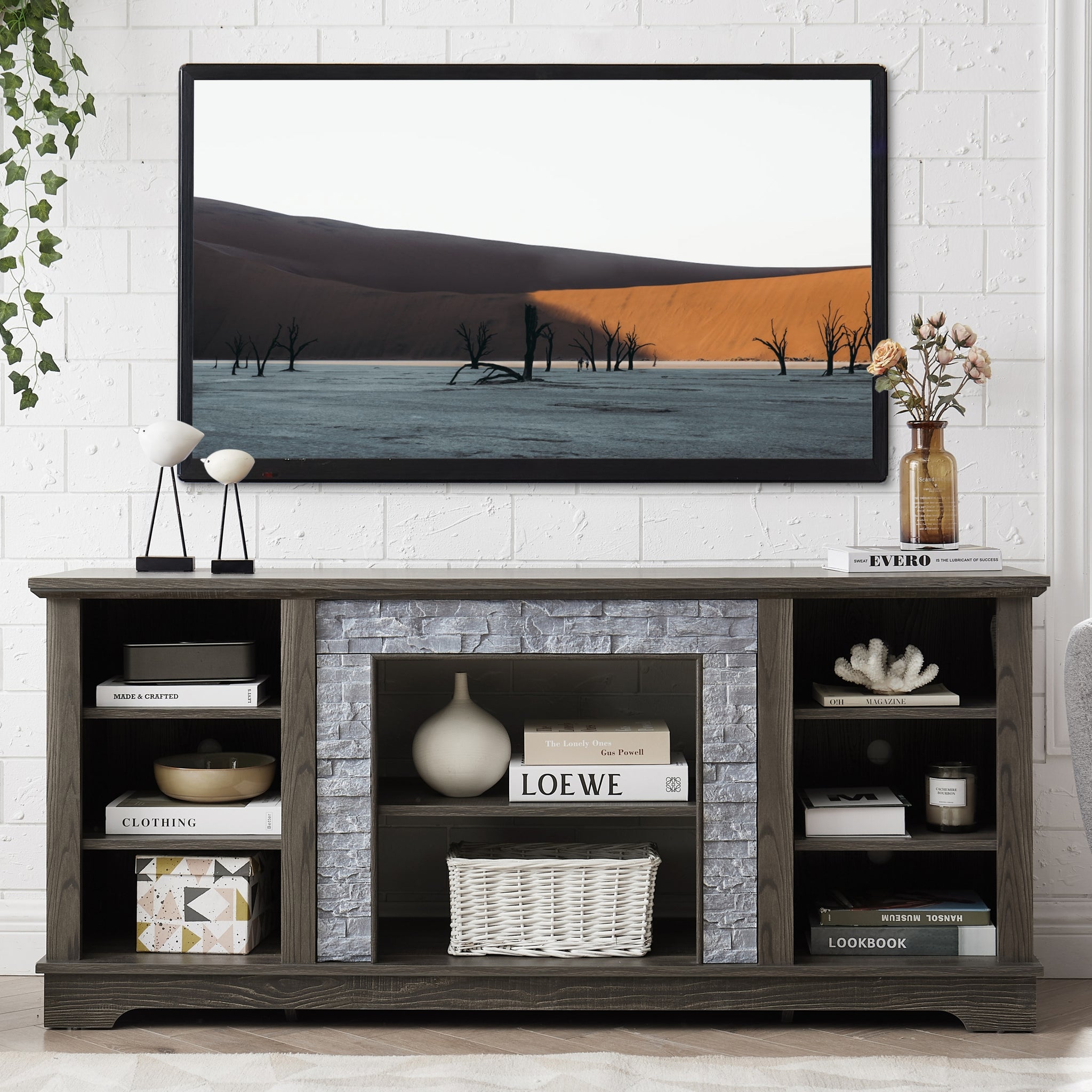 Mantel Stone Tv Media Stand With With Faux Stacked Stone Surround, Modern Entertainment Console With Open Storage Space,Grey, 58.31"W*15.39"D*26.06"H Grey 60 69 Inches Mdf