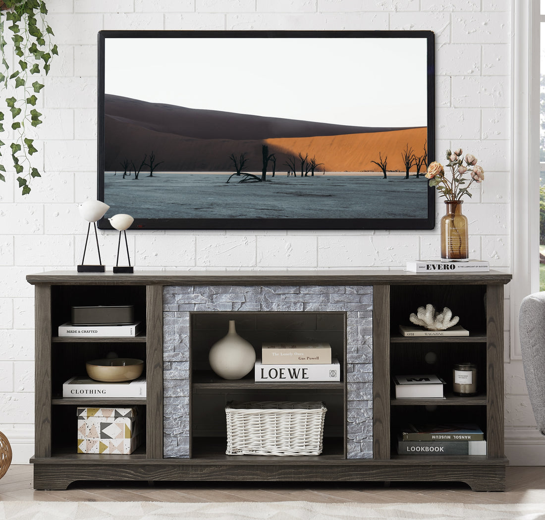 Mantel Stone Tv Media Stand With With Faux Stacked Stone Surround, Modern Entertainment Console With Open Storage Space,Grey, 58.31"W*15.39"D*26.06"H Grey 60 69 Inches Mdf