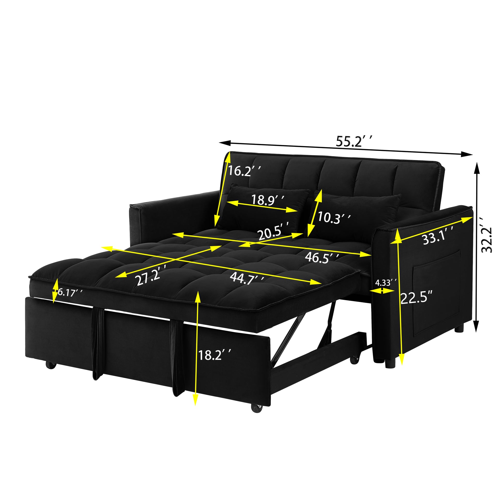 55.1 Inch 3 In 1 Convertible Sofa Bed, Modern Velvet Double Sofa Futon Sofa Bed With Adjustable Back, Storage Bag And Pillow, For Living Room, Bedroom Black Black Metal & Wood 2 Seat